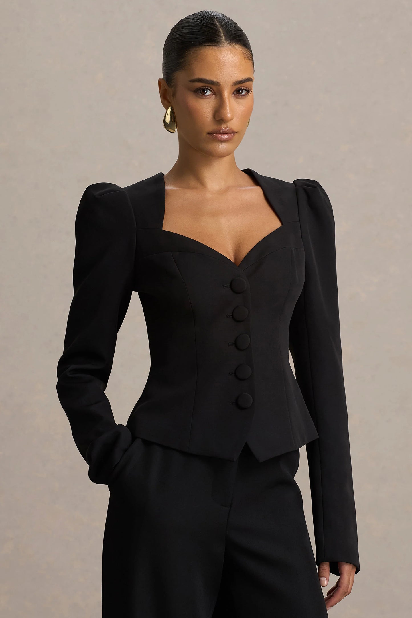 Olympia Black Sweetheart-Neck Tailored Top