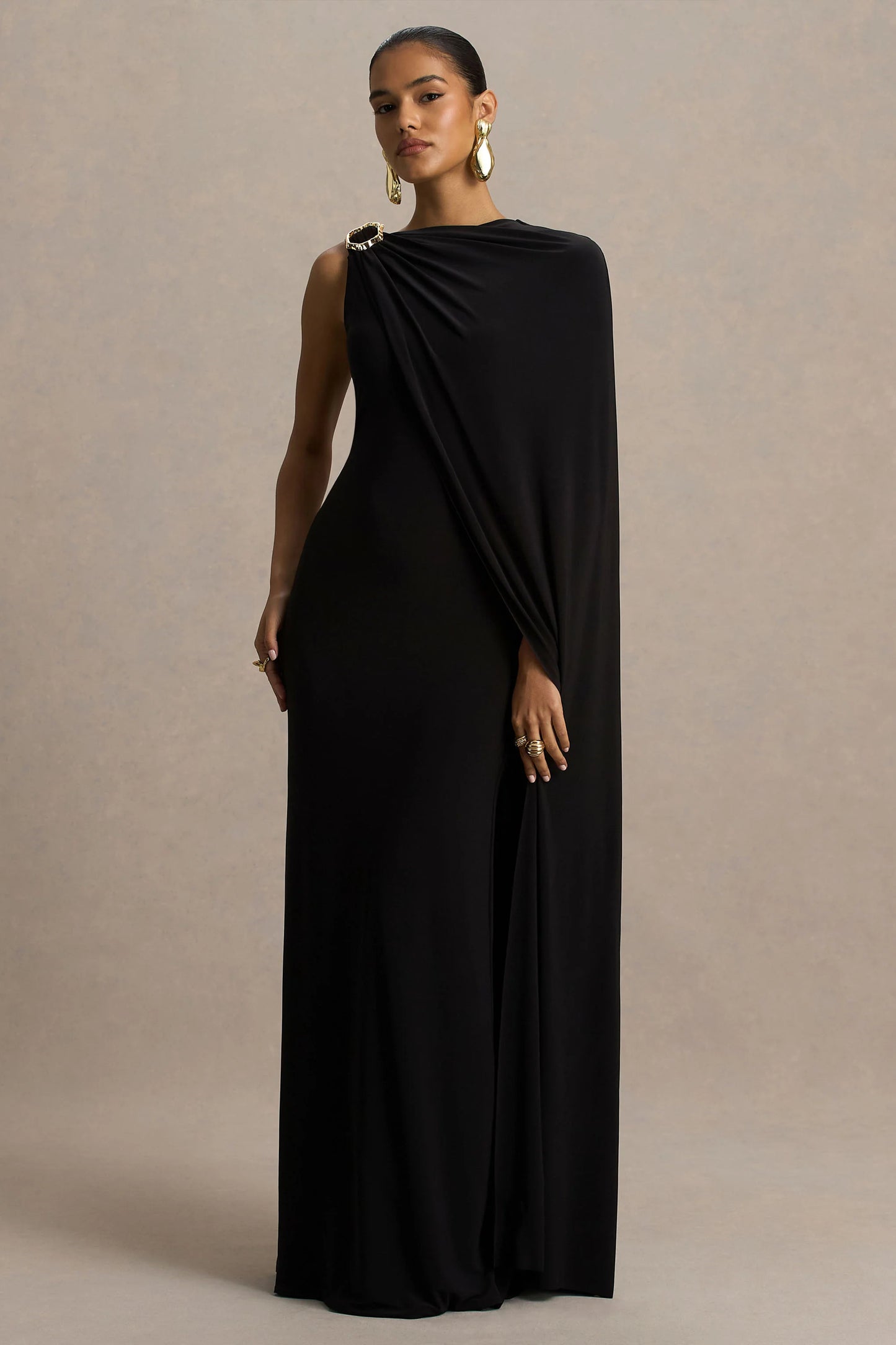Cressida Black Asymmetric-Neck Maxi Dress With Cape And Gold Detail