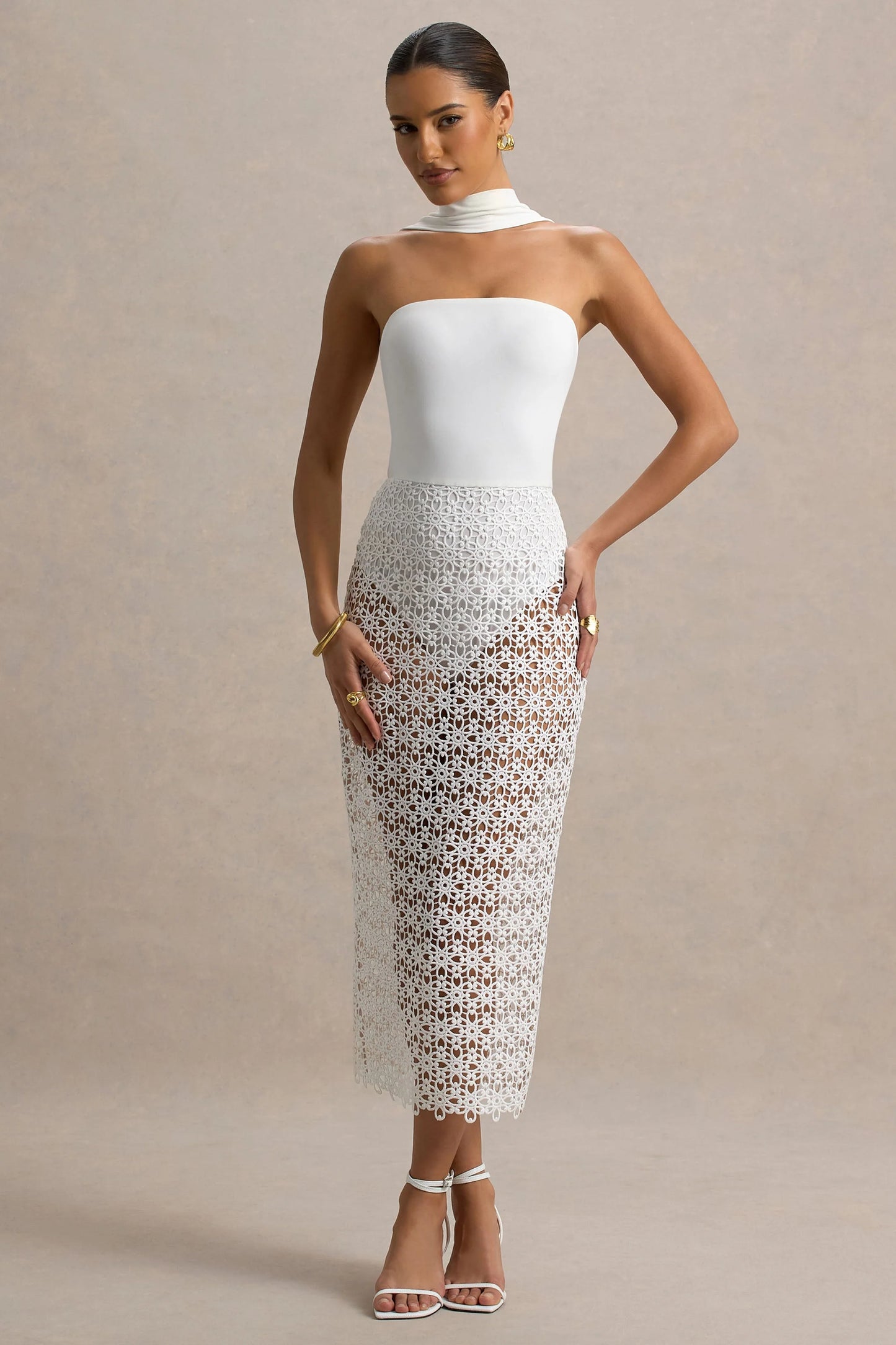 Tamala White High-Neck Midi Dress With Lace Skirt