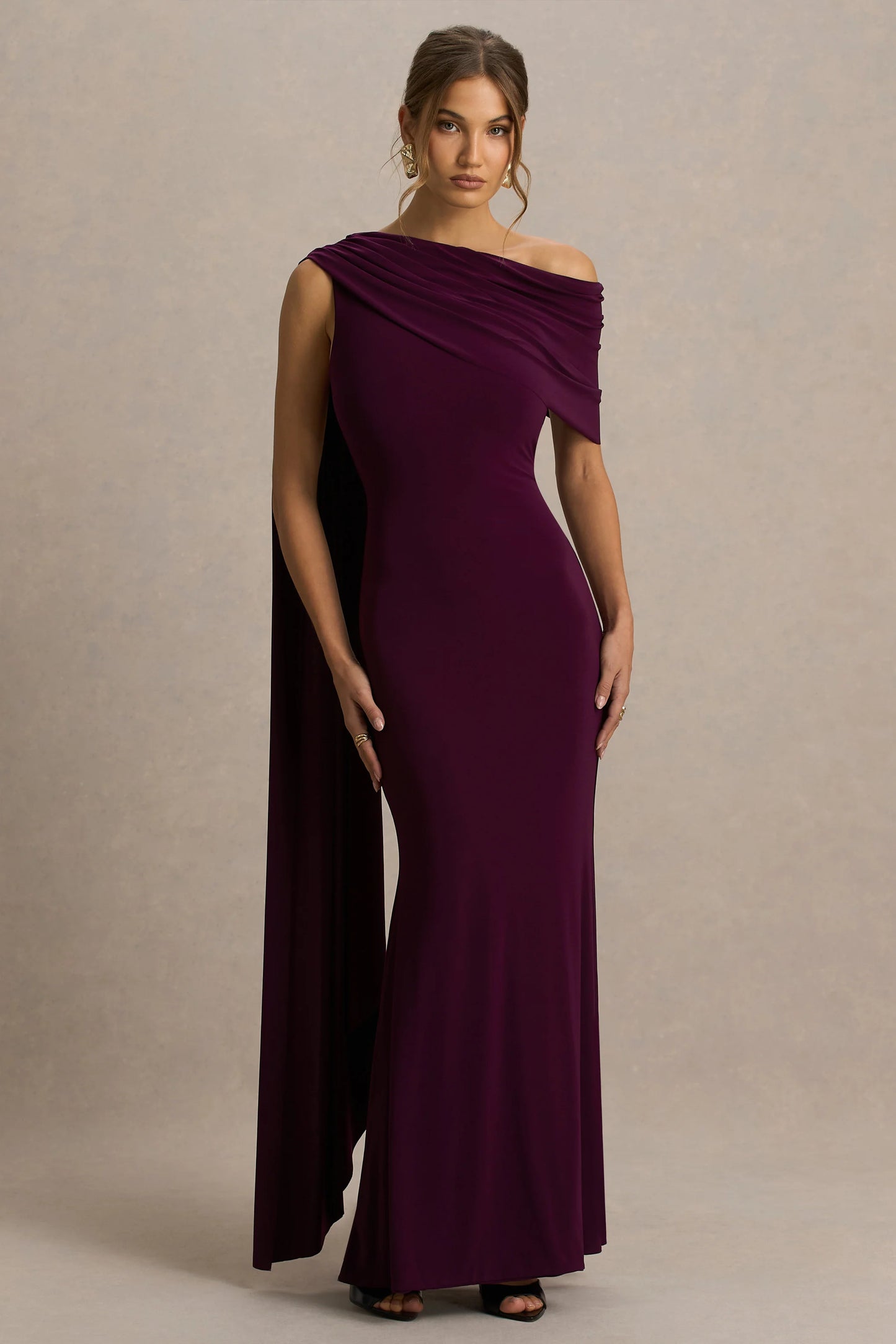 Tiana Dark Plum Asymmetric-Neck Maxi Dress With Draped Detail