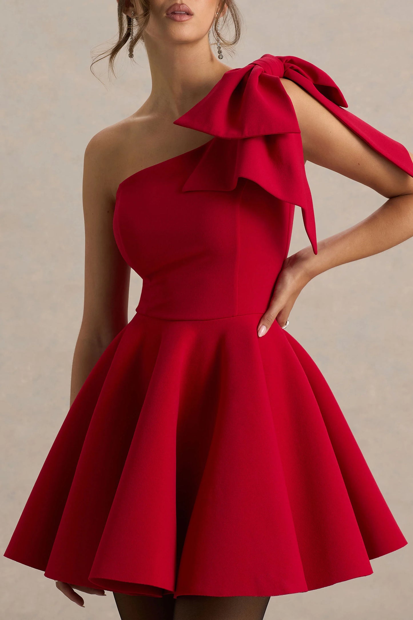 Prosperity Red Asymmetric-Neck Mini Dress With Bow Detail
