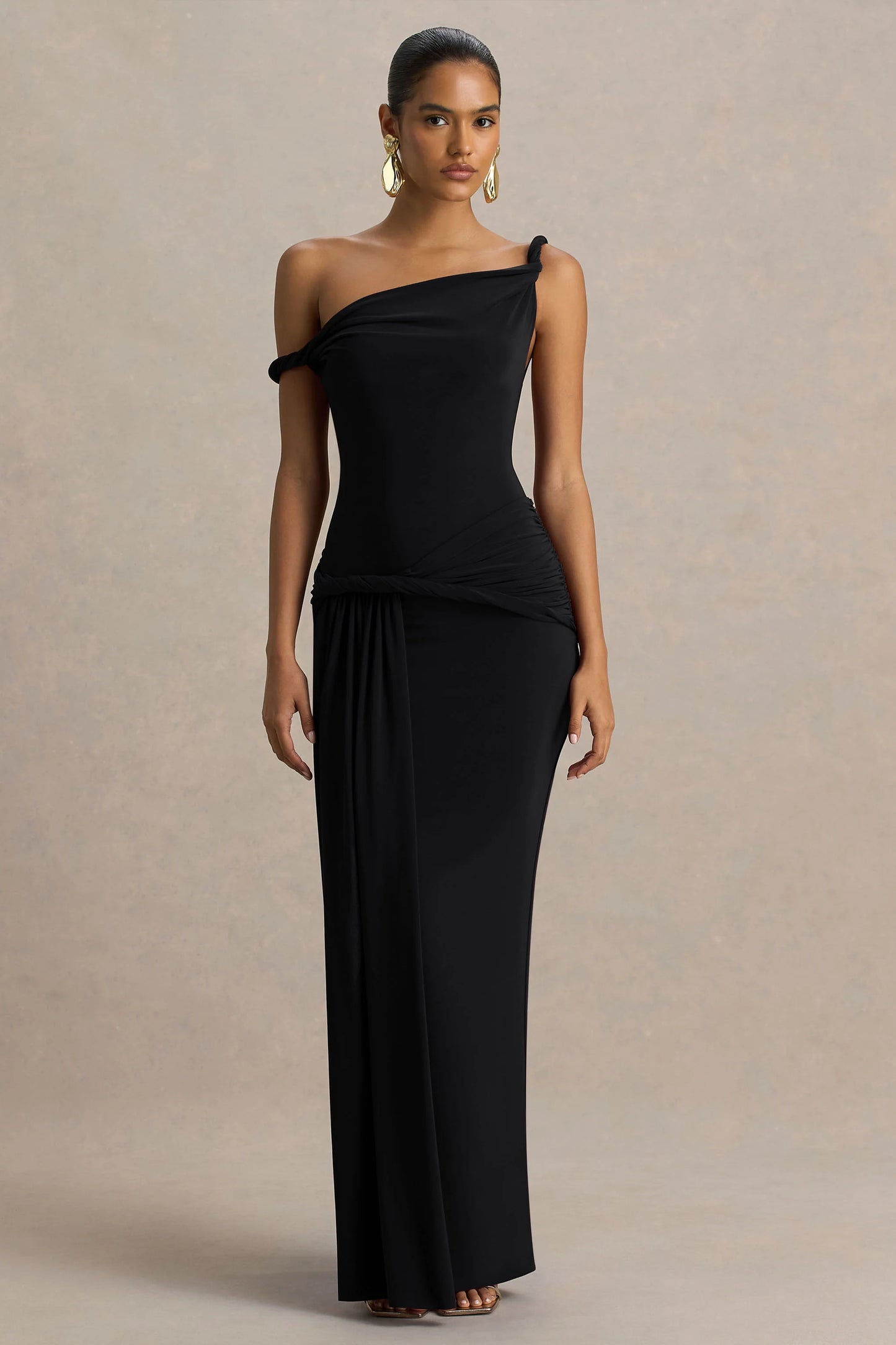 Tulisa Black Asymmetric-Neck Maxi Dress With Twist Sleeves And Ruched Detailing