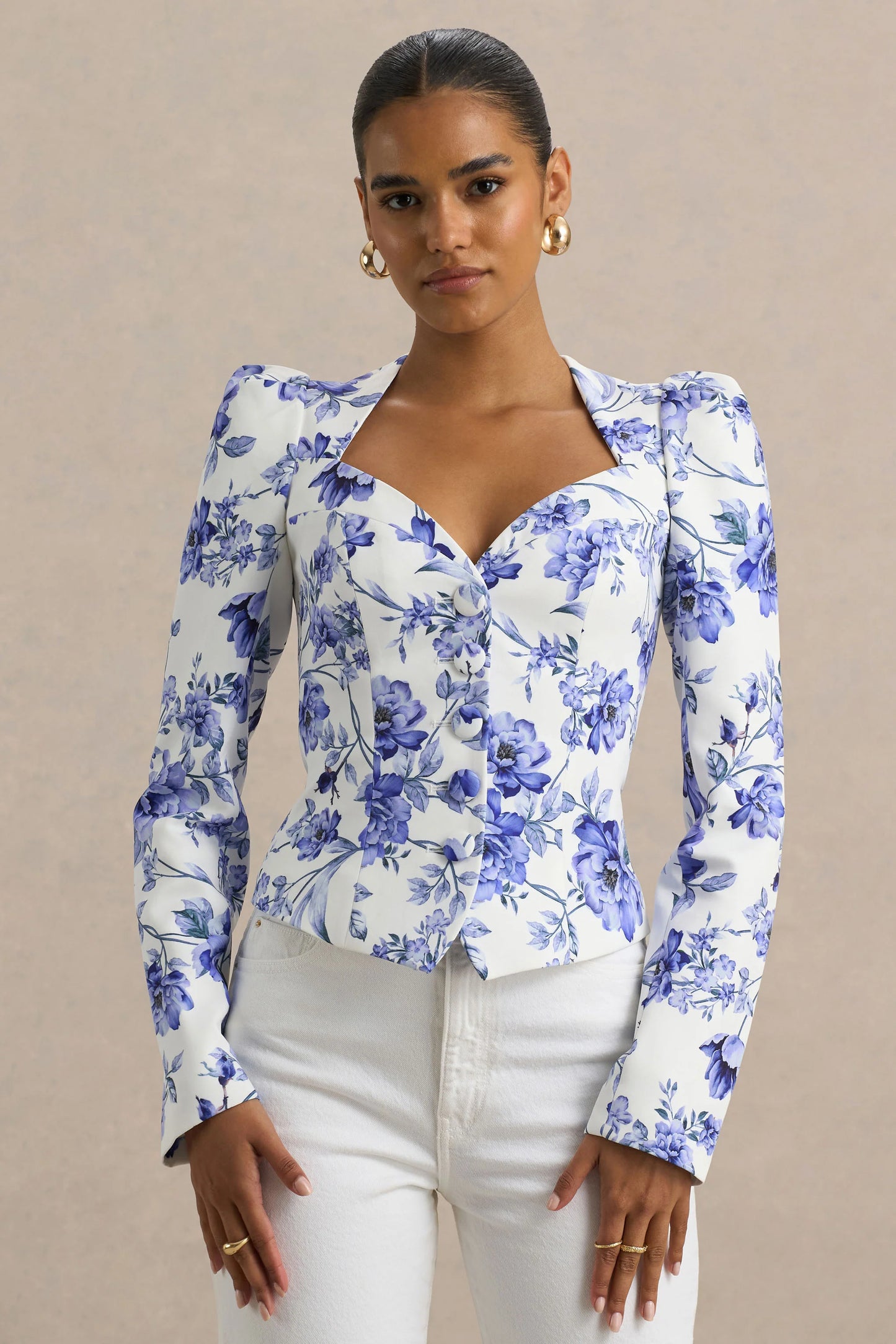Olympia Blue Floral Print Sweetheart-Neck Tailored Top