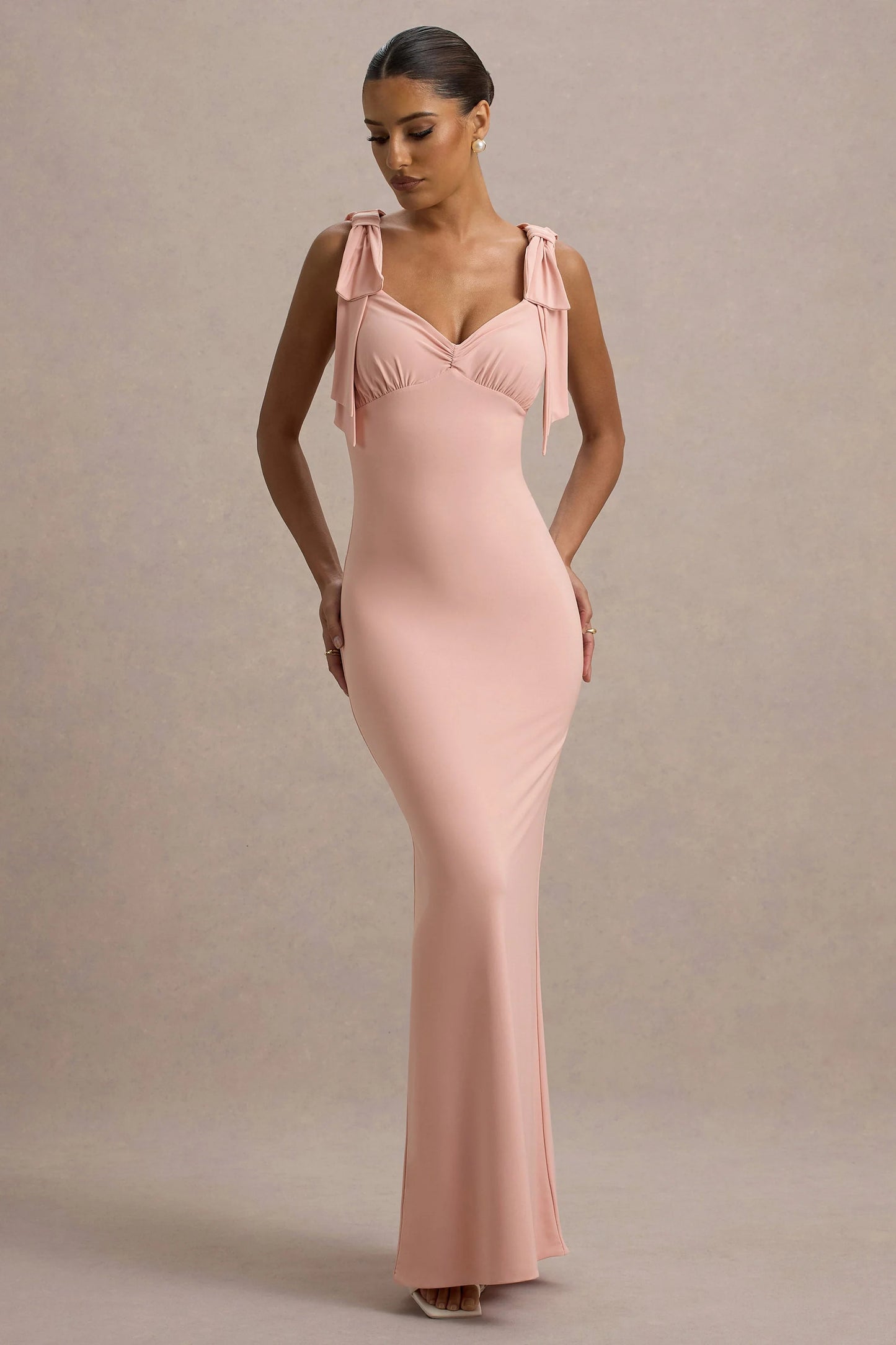 Evanna Pink V-Neck Maxi Dress With Bow Straps