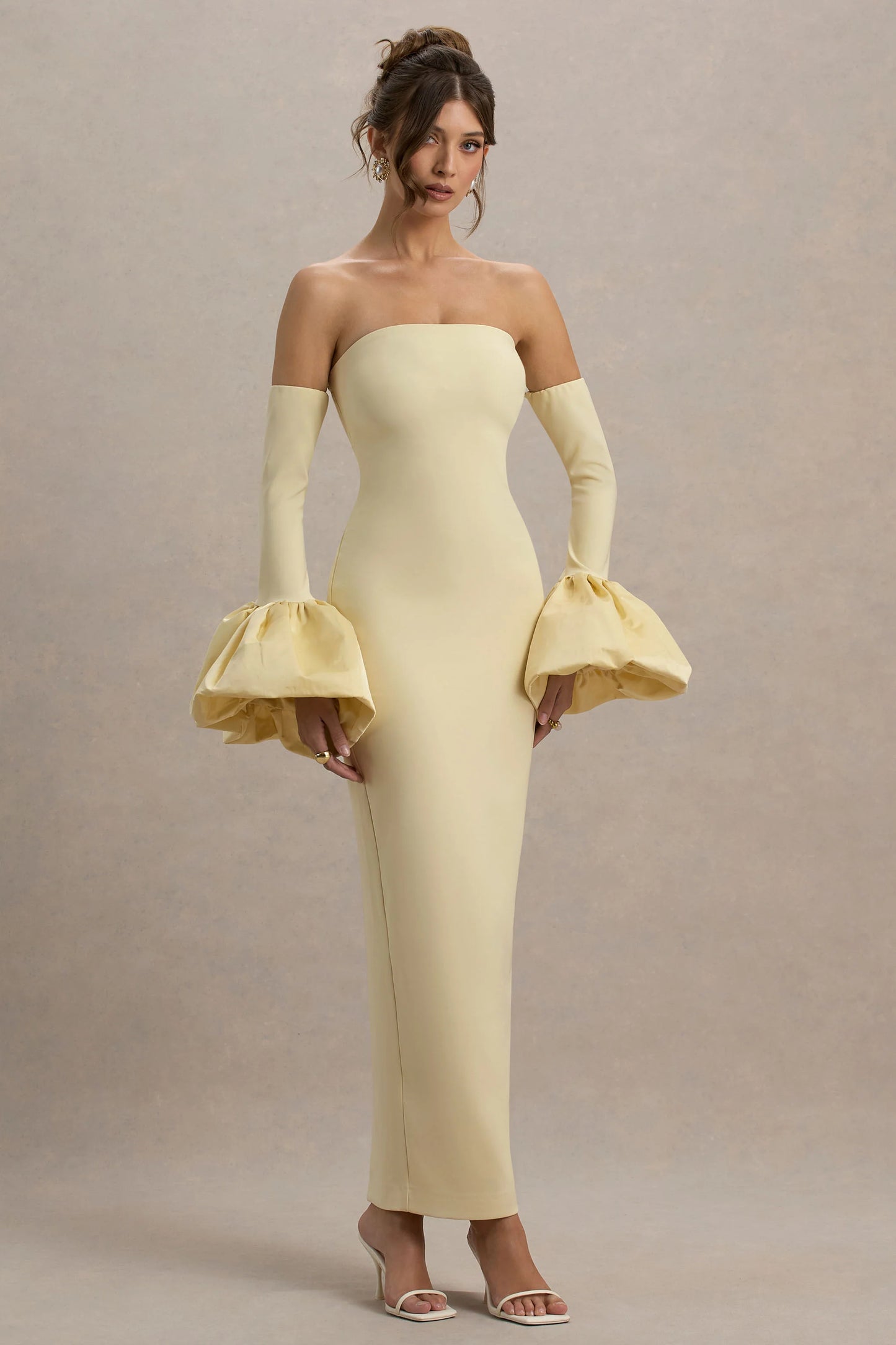 Myah Lemon Bandeau Long-Sleeve Maxi Dress With Puff Cuffs