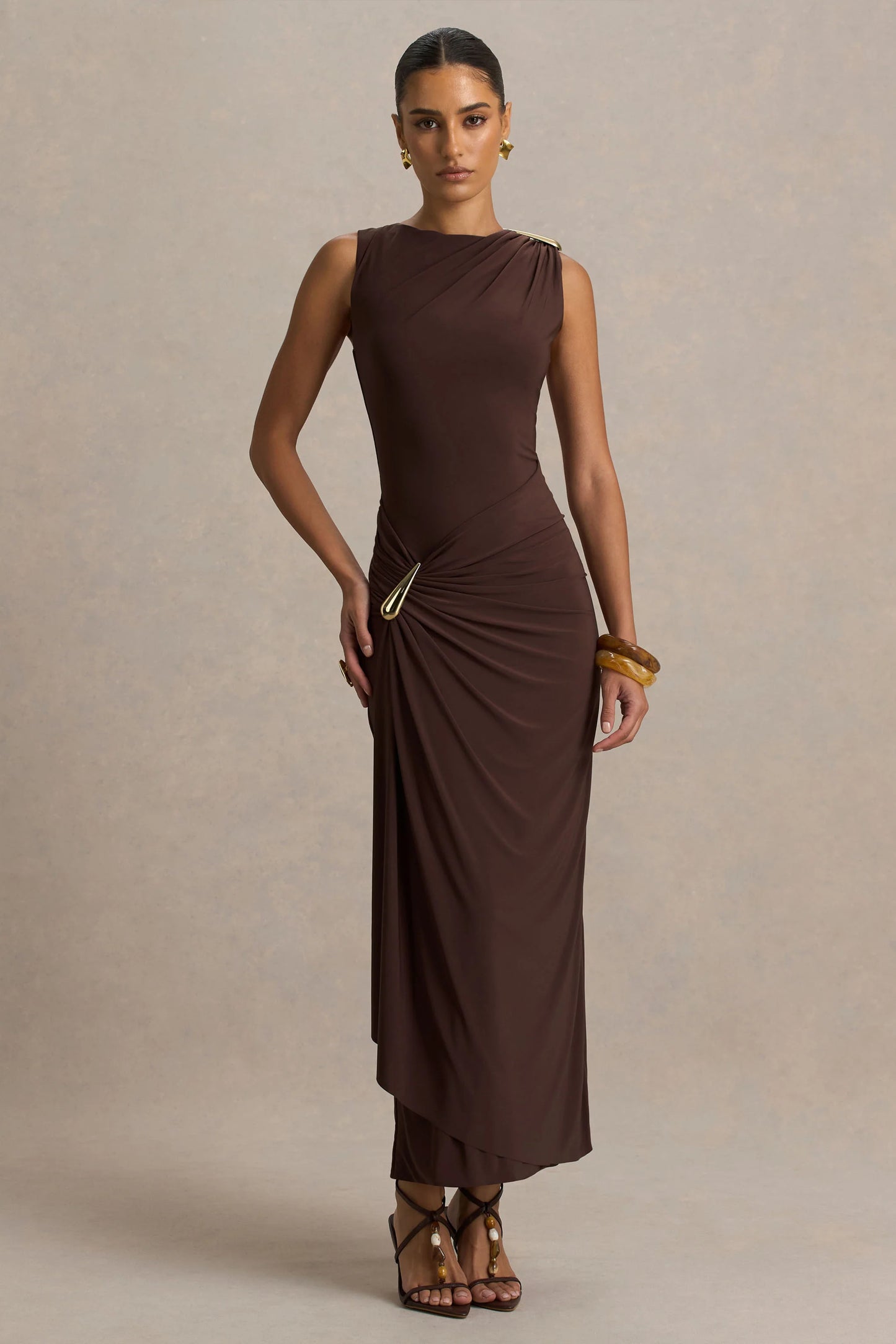Fiora Brown Wide-Neck Maxi Dress With Gathered Detail