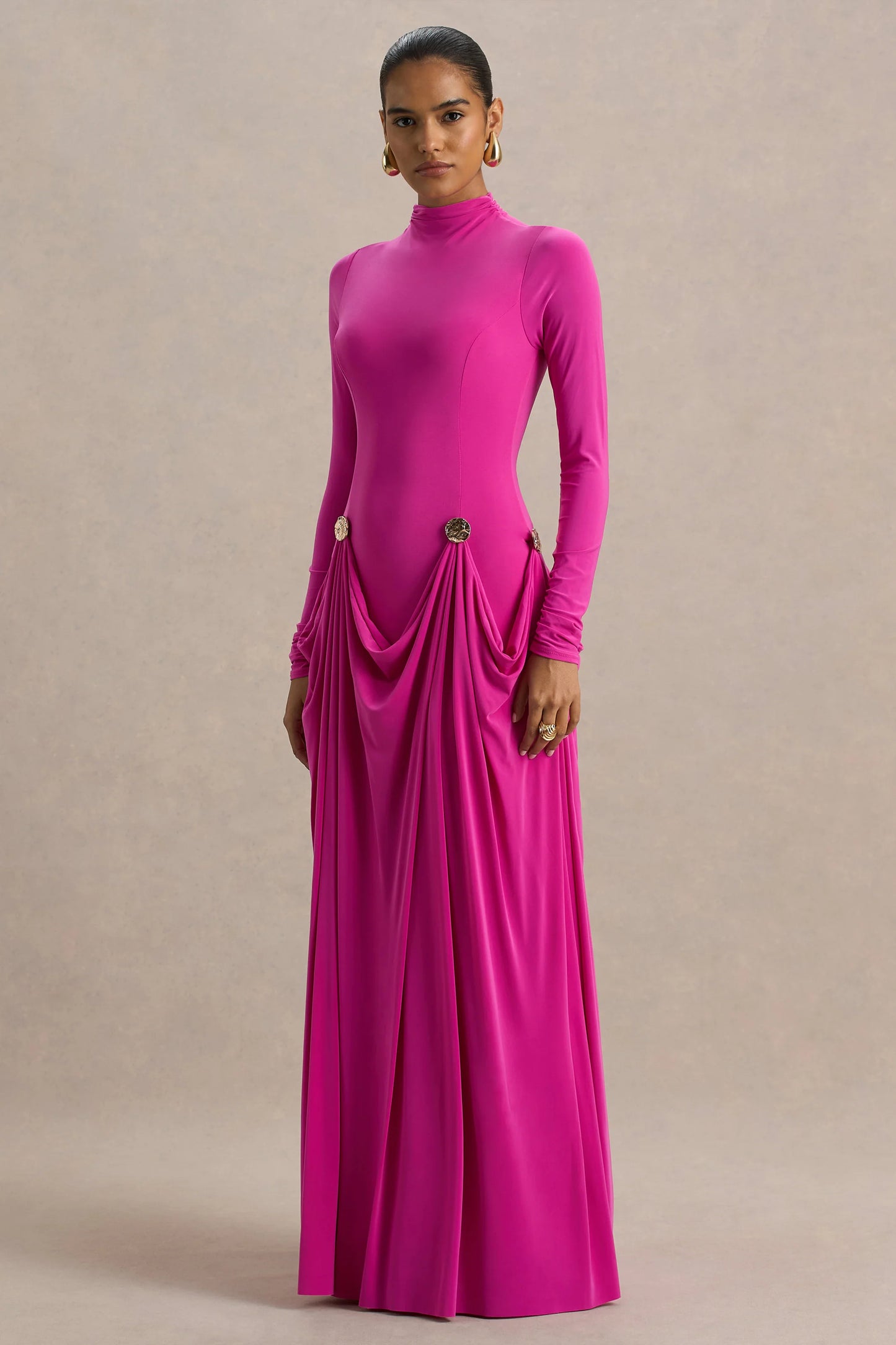 Caprice Hot Pink High-Neck Maxi Dress With Embellished Details