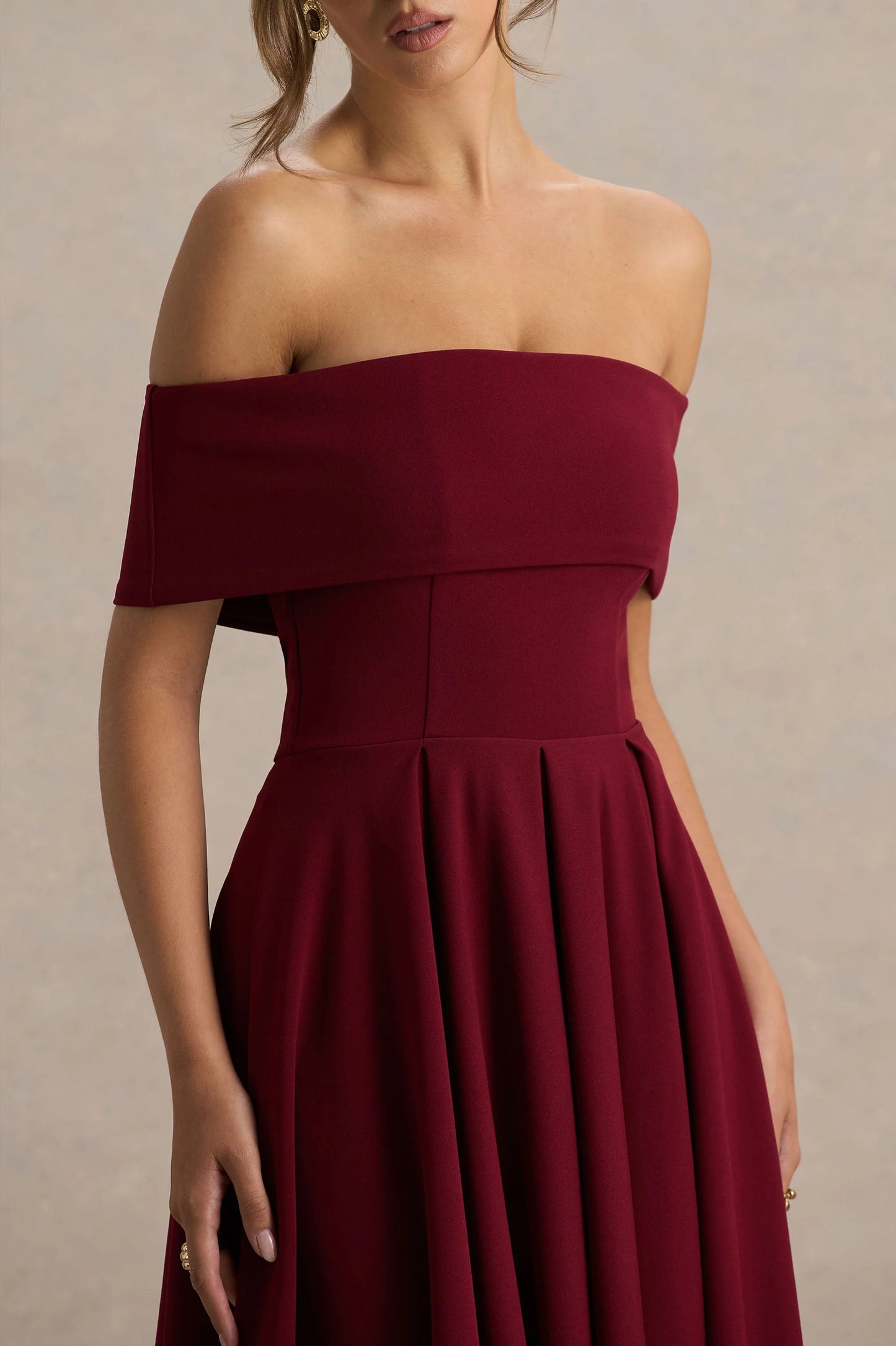 Isabella Burgundy Bardot-Neck Midi Dress