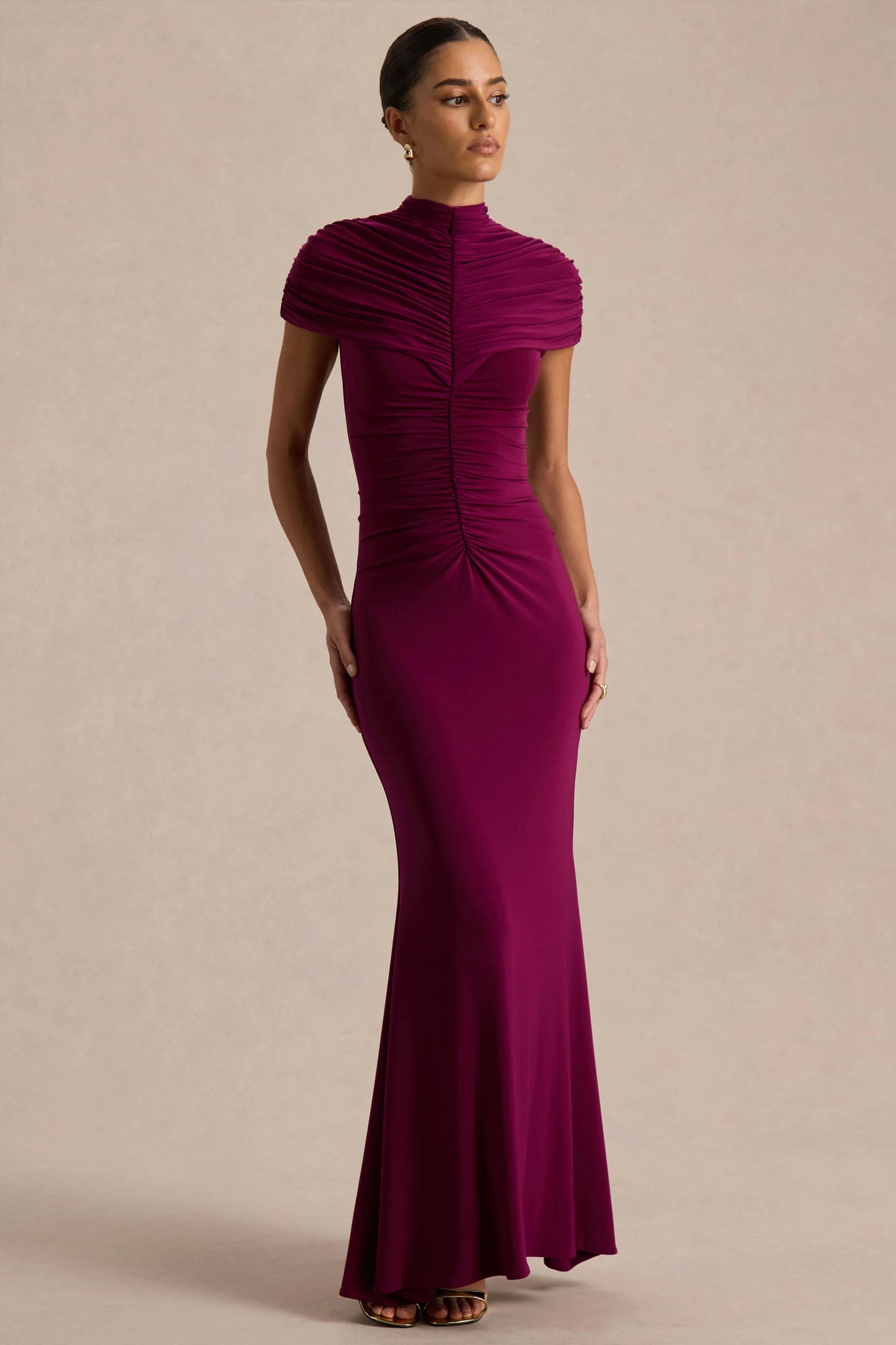 Azaria Burgundy High-Neck Maxi Dress With Ruched Detailing