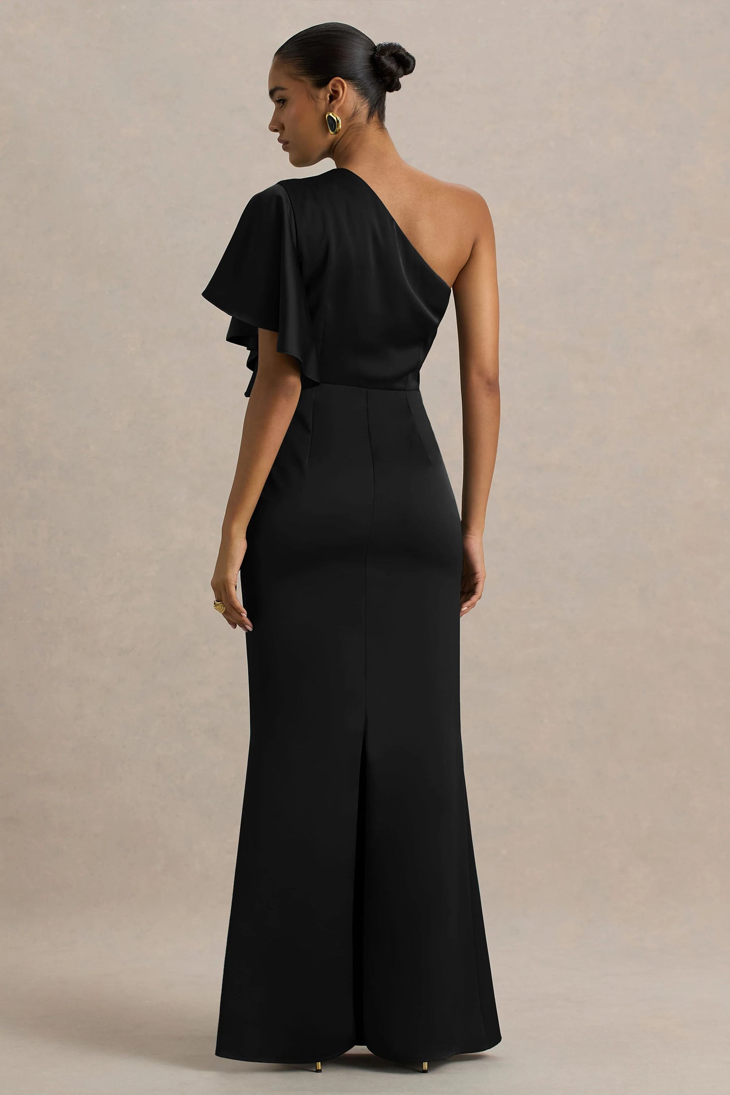 Unforgettable Black Asymmetric-Neck Maxi Dress With Ruffled Detailing