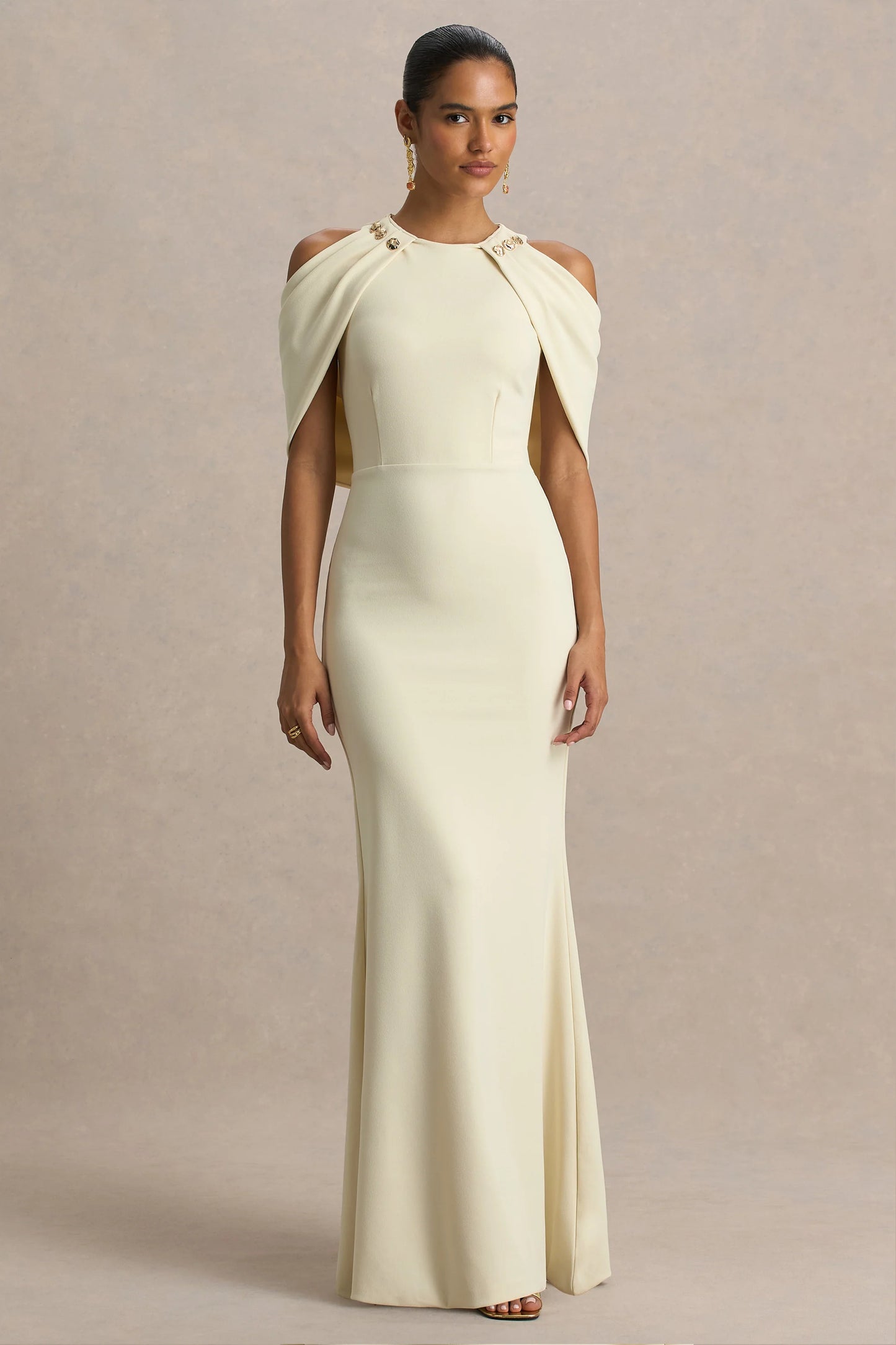 Yulia Sand High-Neck Maxi Dress With Cape Sleeves