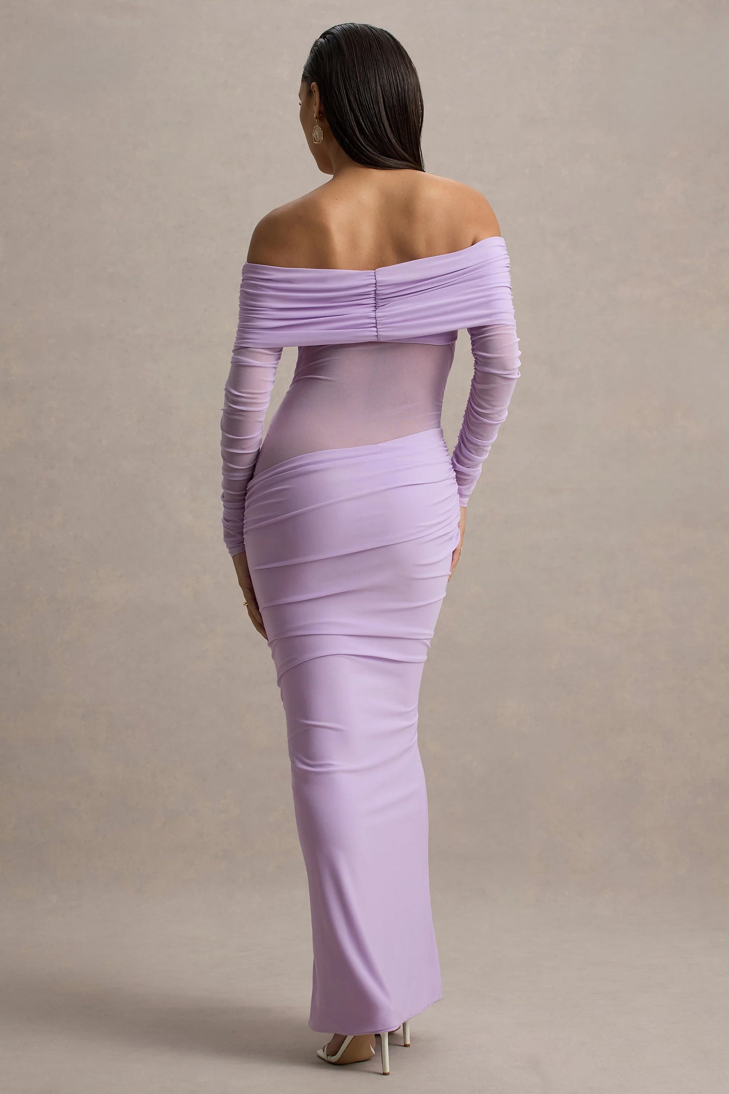 Belamour Lavender Semi-Sheer Bardot Gathered Maxi Dress