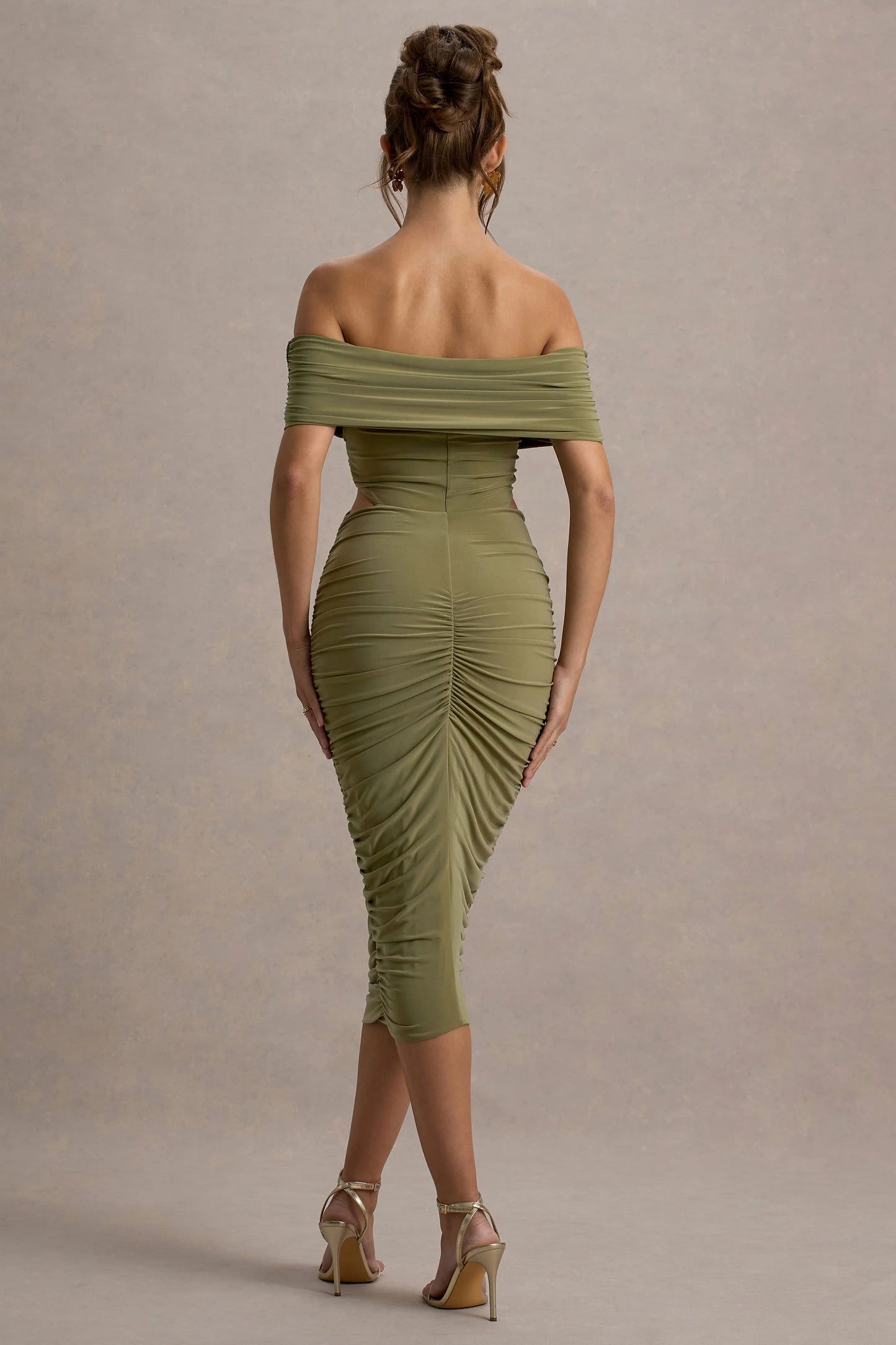 Clovette Olive Ruched Bardot Cut-Out Midi Dress