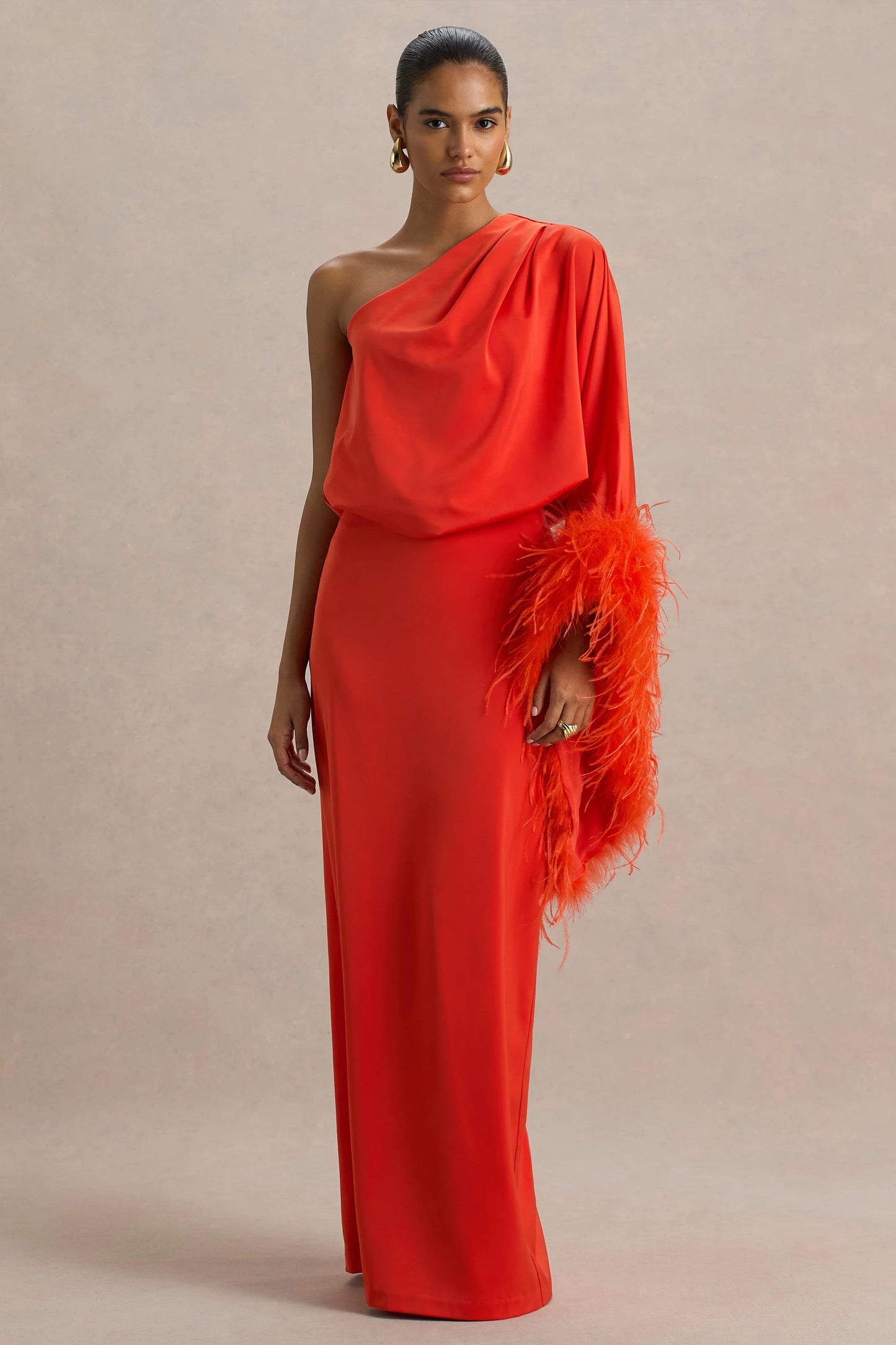 Felicity Orange Satin Asymmetric-Neck Maxi Dress With Feather Detailing