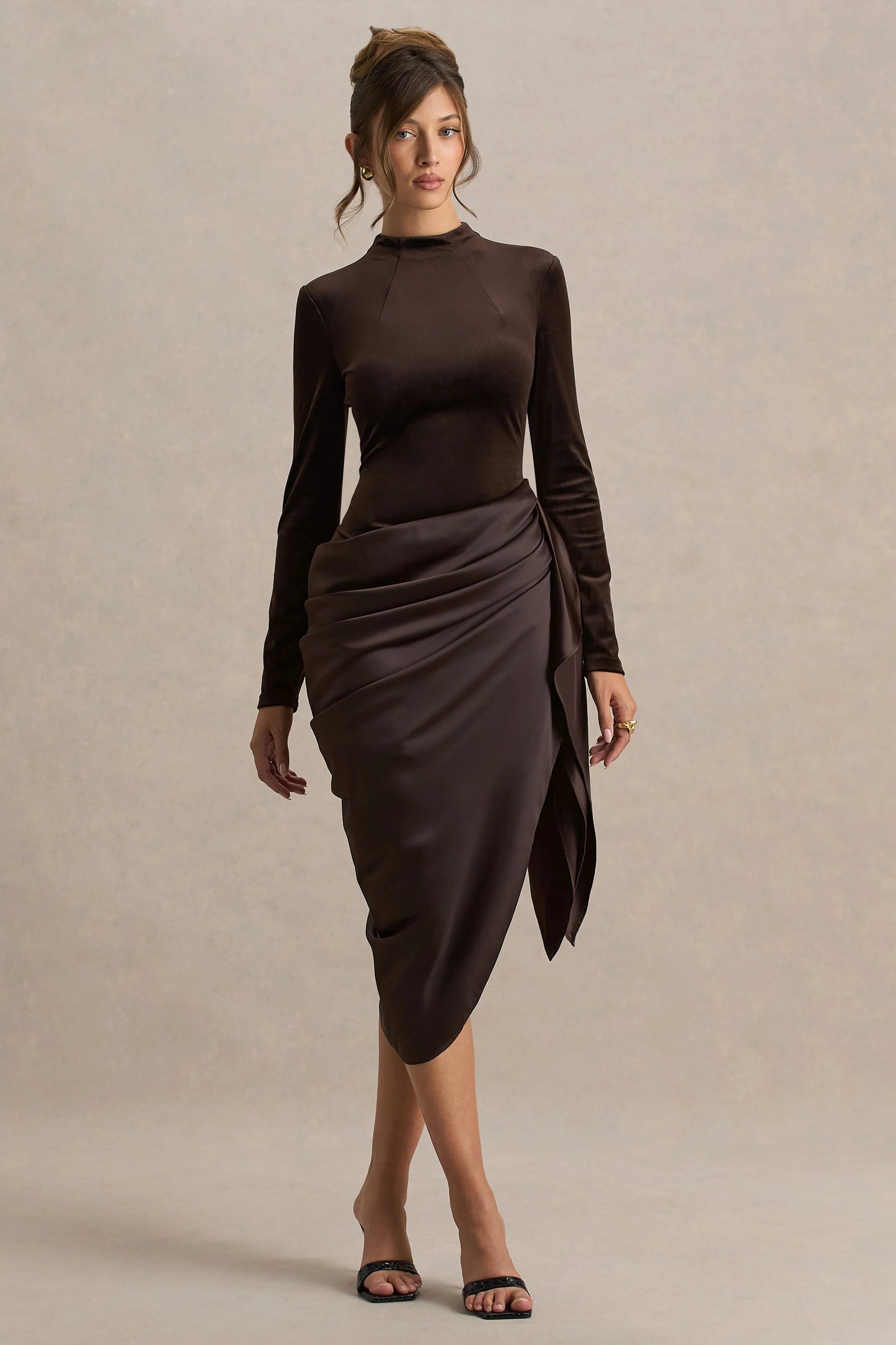 Sasha Brown Satin And Velvet Midi Dress With Wrap-Detail