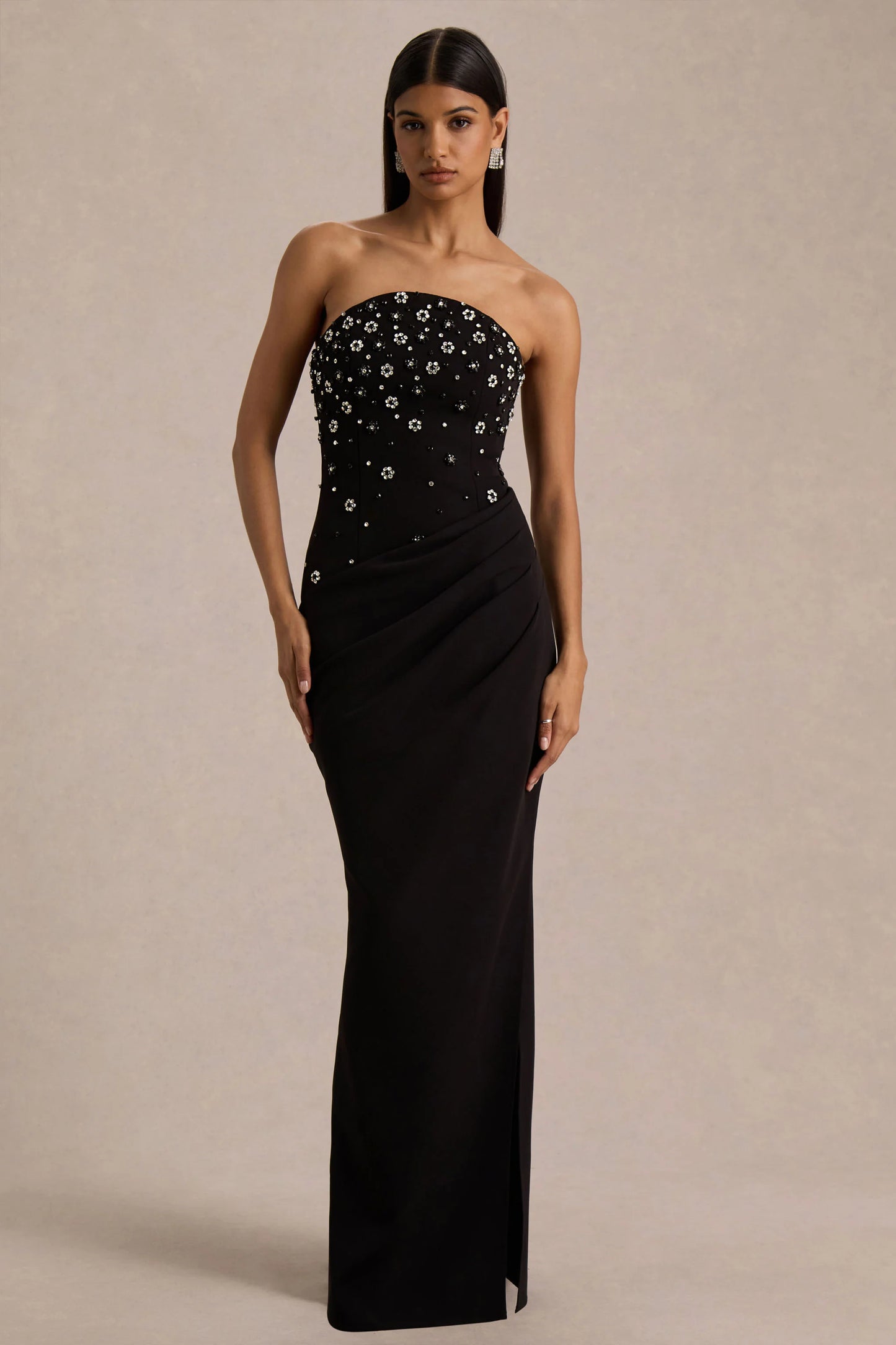 Saphira Black Hand-Embellished Bandeau-Neck Maxi Dress