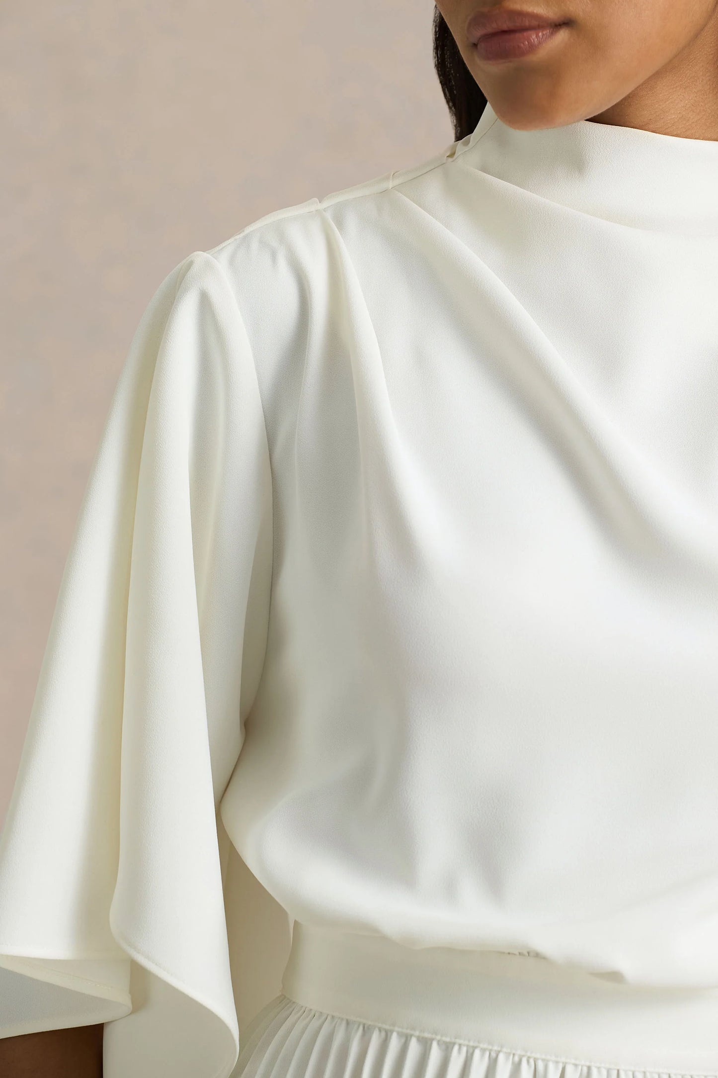 Jimena Cream High-Neck Midi Dress With One-Long Sleeve And Pleated Detailing