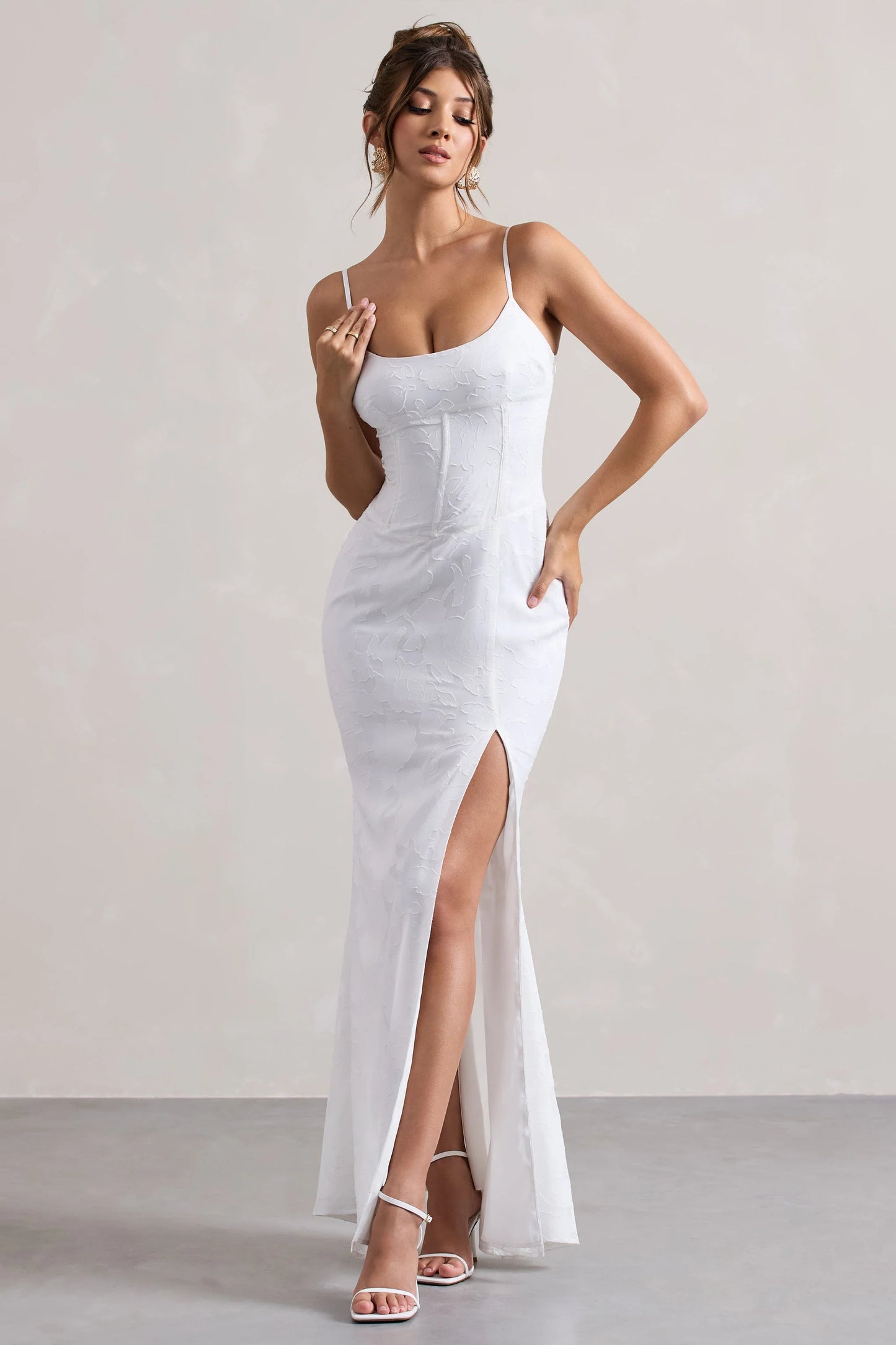 Intimacy White Lace Corset Split Maxi Dress