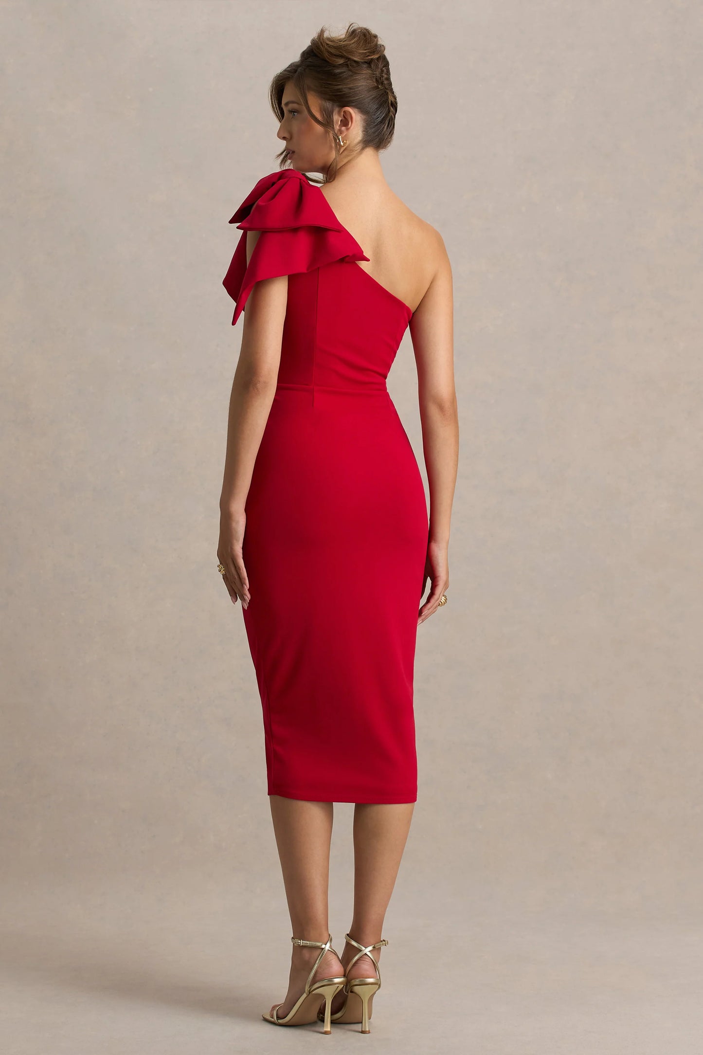 Ambretta Red One-Shoulder Midi Dress With Bow