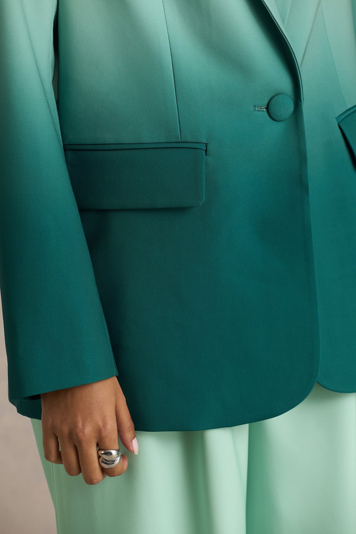 Enya Emerald Ombre Plunge-Neck Satin Blazer