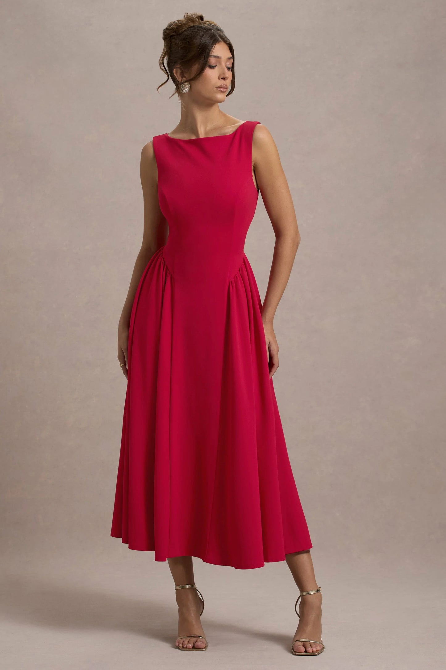 Muriel Red Boat-Neck Volume-Hem Midi Dress