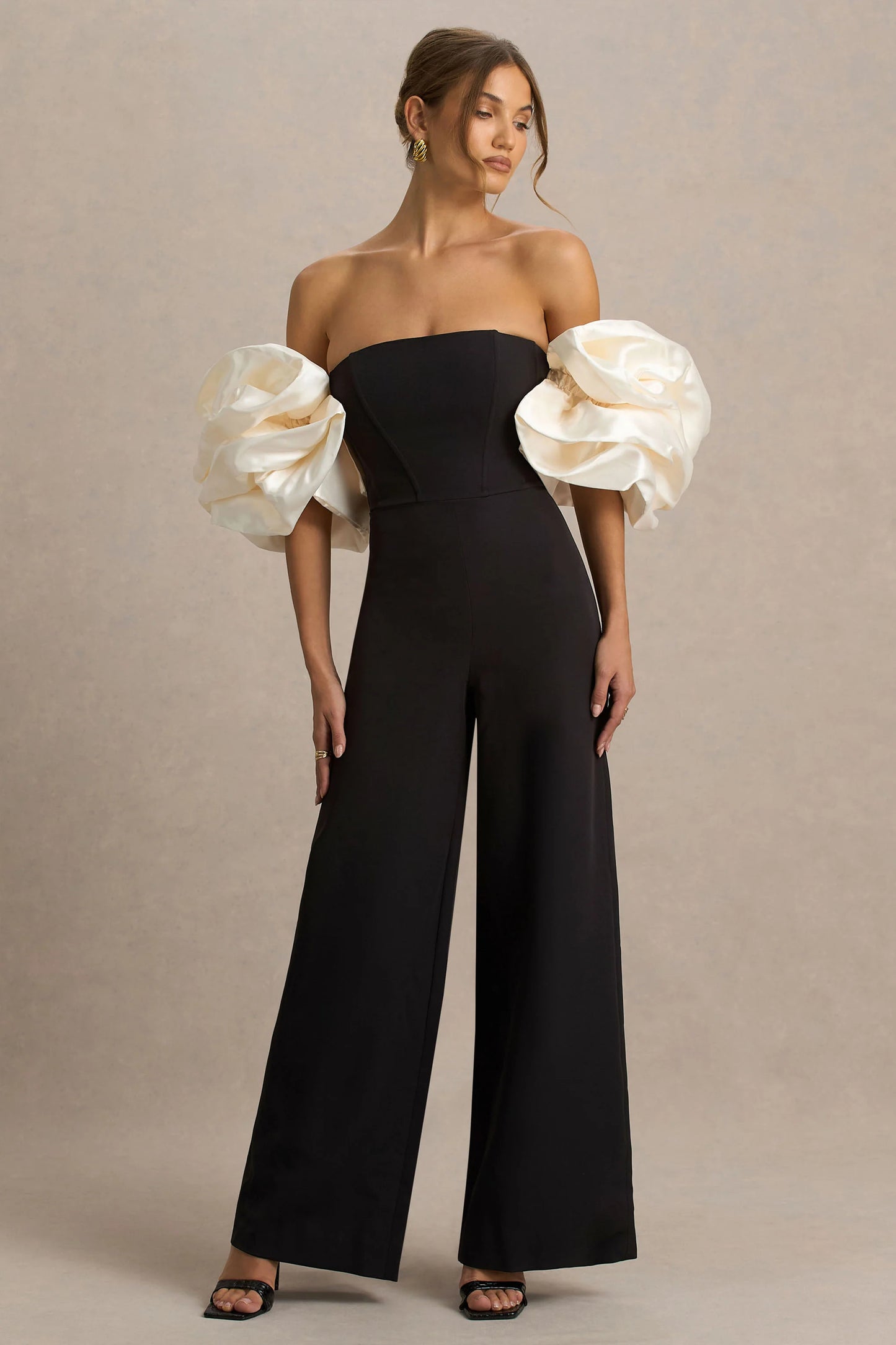 Panama Black Bardot Jumpsuit With Cream Puff Sleeves