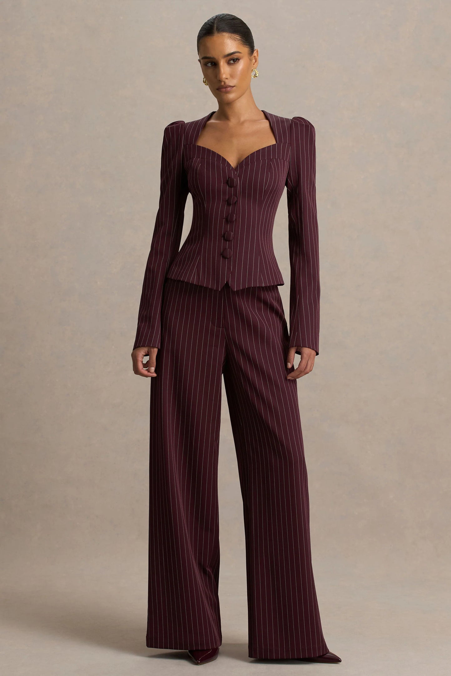 Asteria Burgundy Pinstripe Wide-Leg Trousers