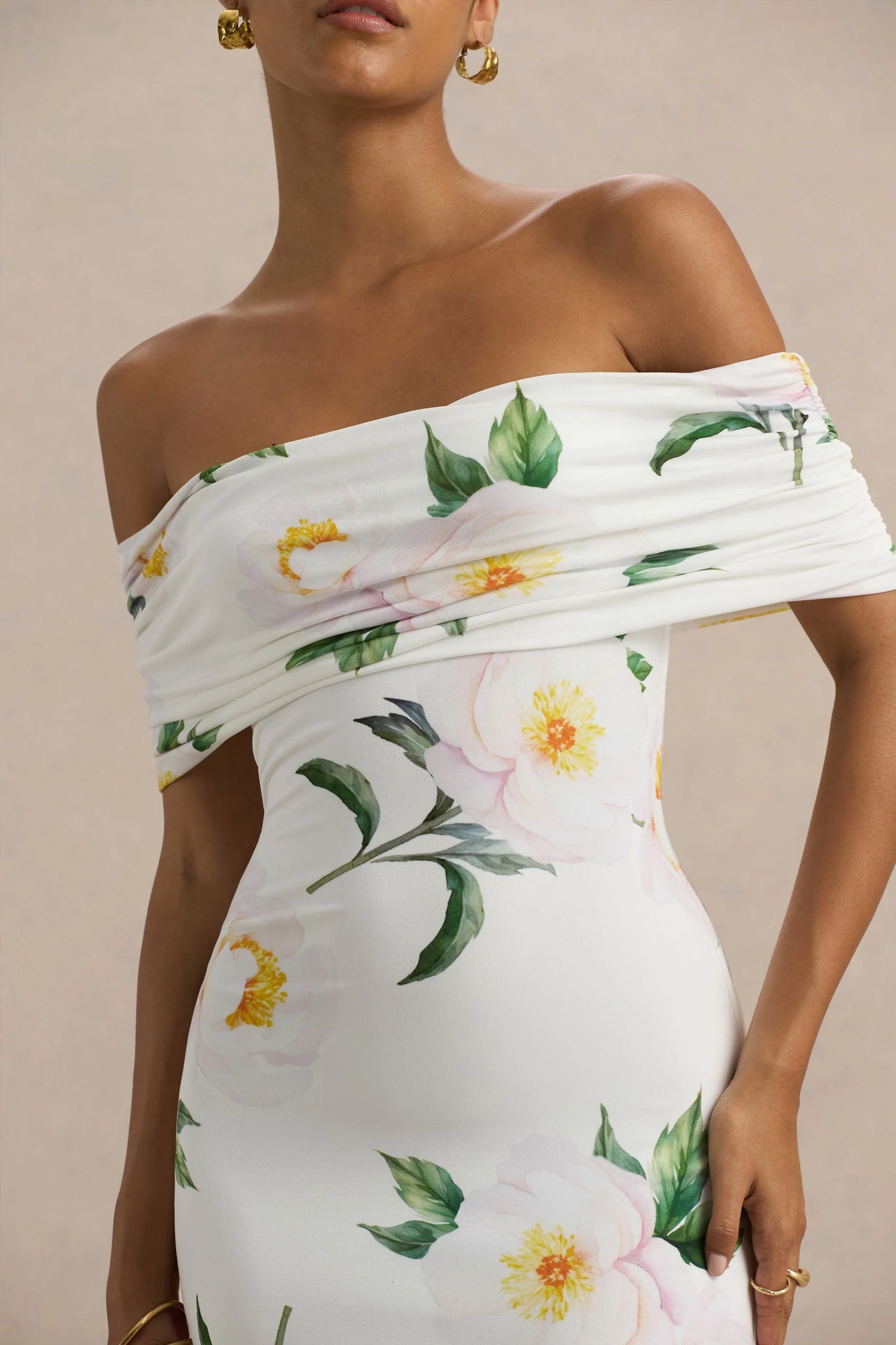 Capri White Rose Print Bardot-Neck Maxi Dress With Ruched Detailing