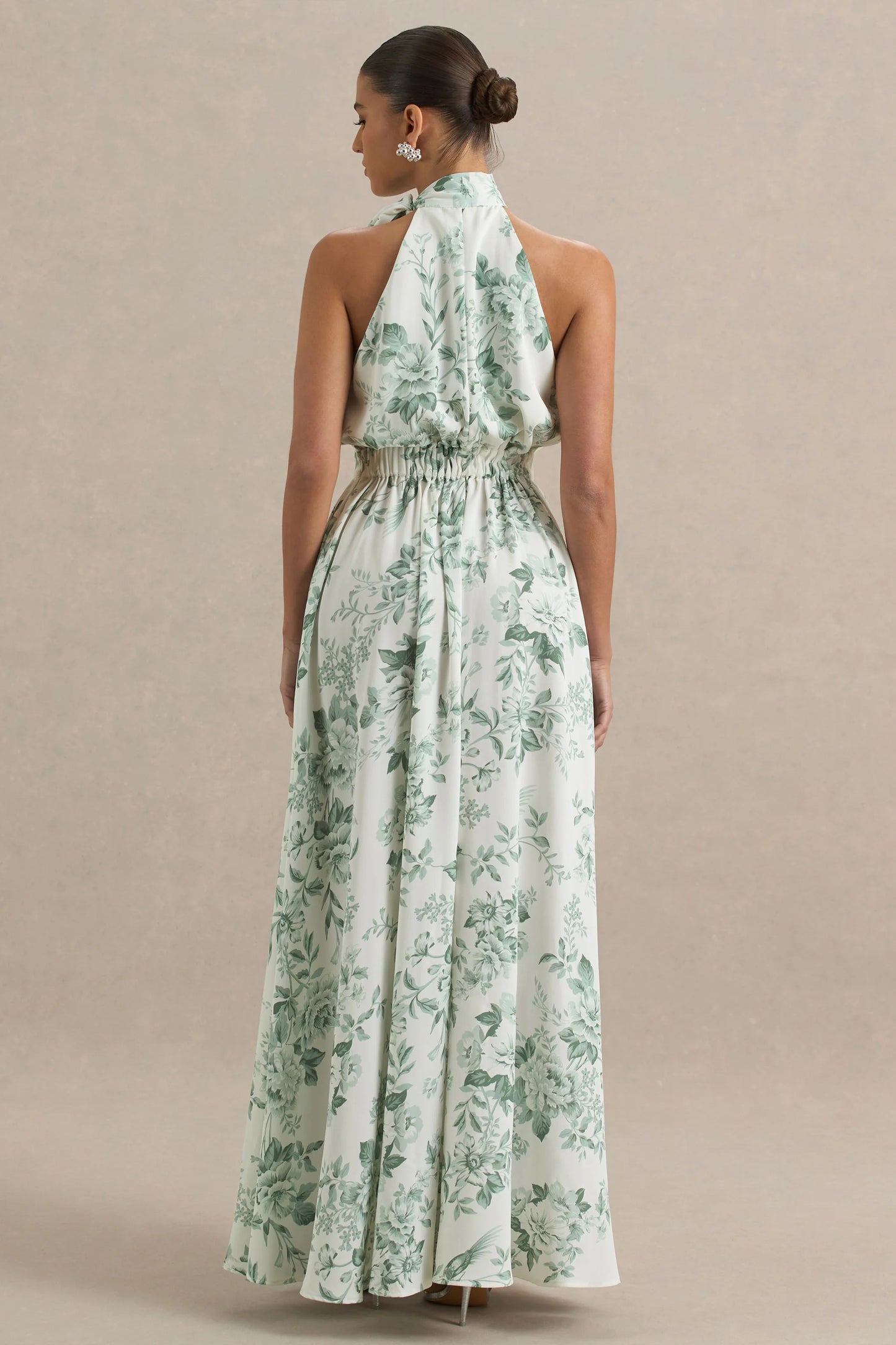 Talia Green Floral Print High-Neck Maxi Dress With Front High Split