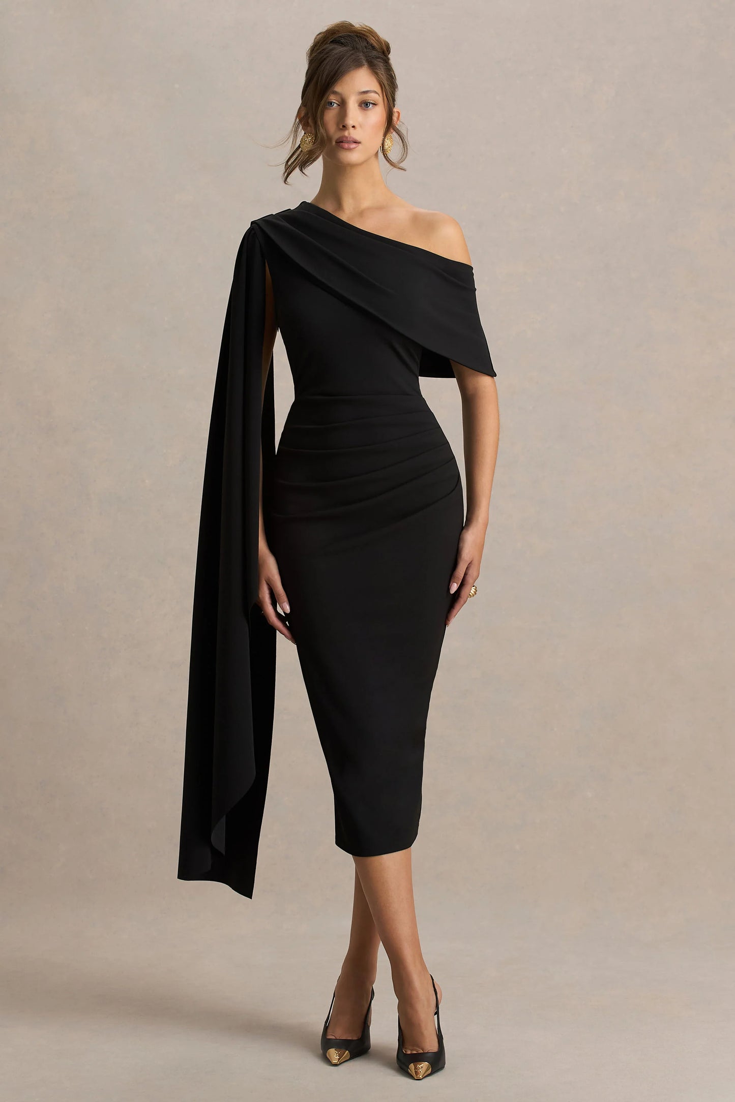 Leah Black Asymmetric-Neck Midi Dress With Cape-Sleeve