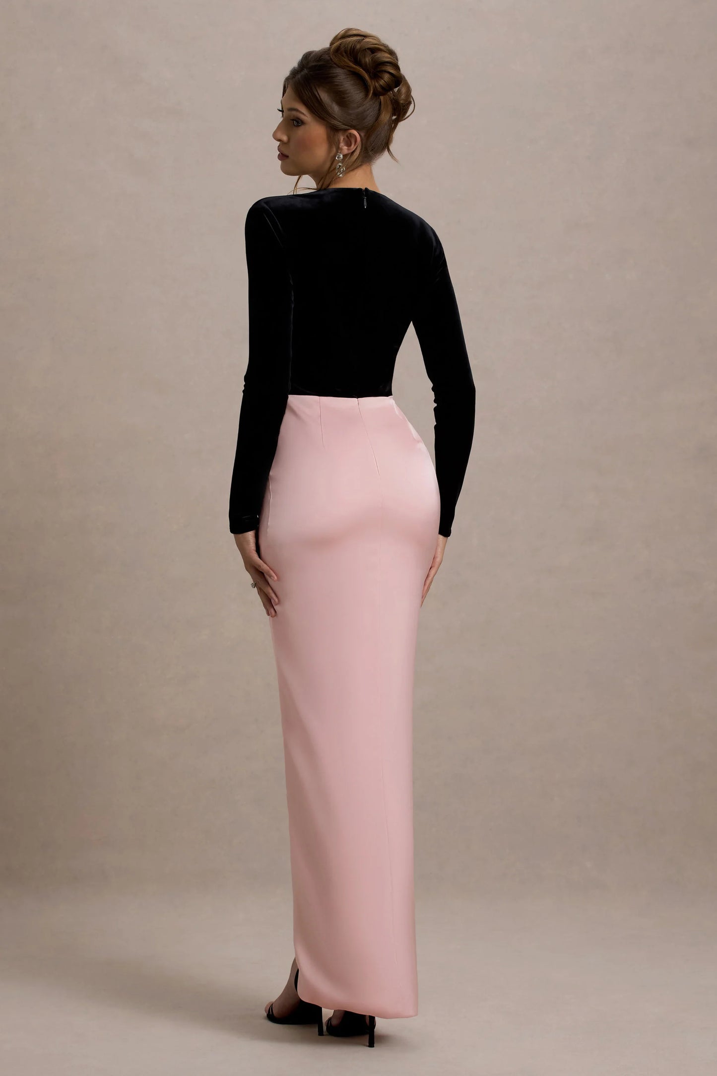 Love Spell Black Velvet Plunge-Neck Maxi Dress With Pink Satin Skirt
