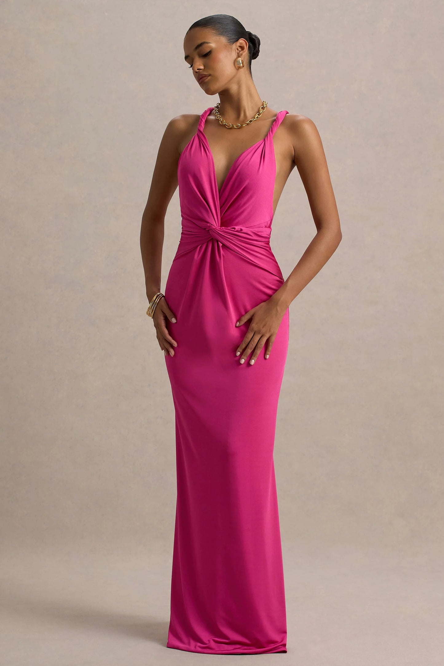 Santez Hot Pink Twisted Plunge-Neck Maxi Dress