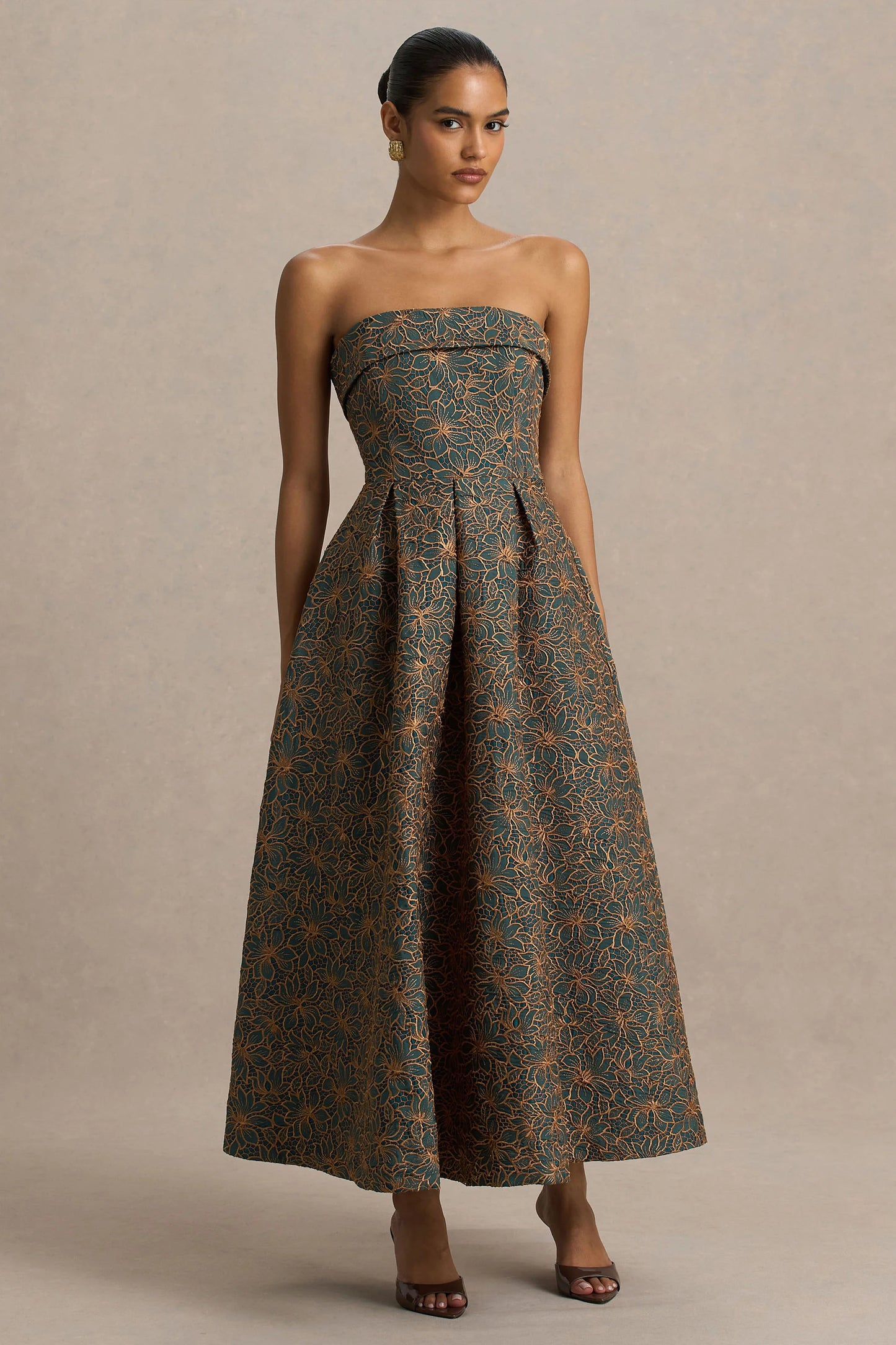 Loretta Dark Green And Rust Embroidered Bandeau Midi Dress