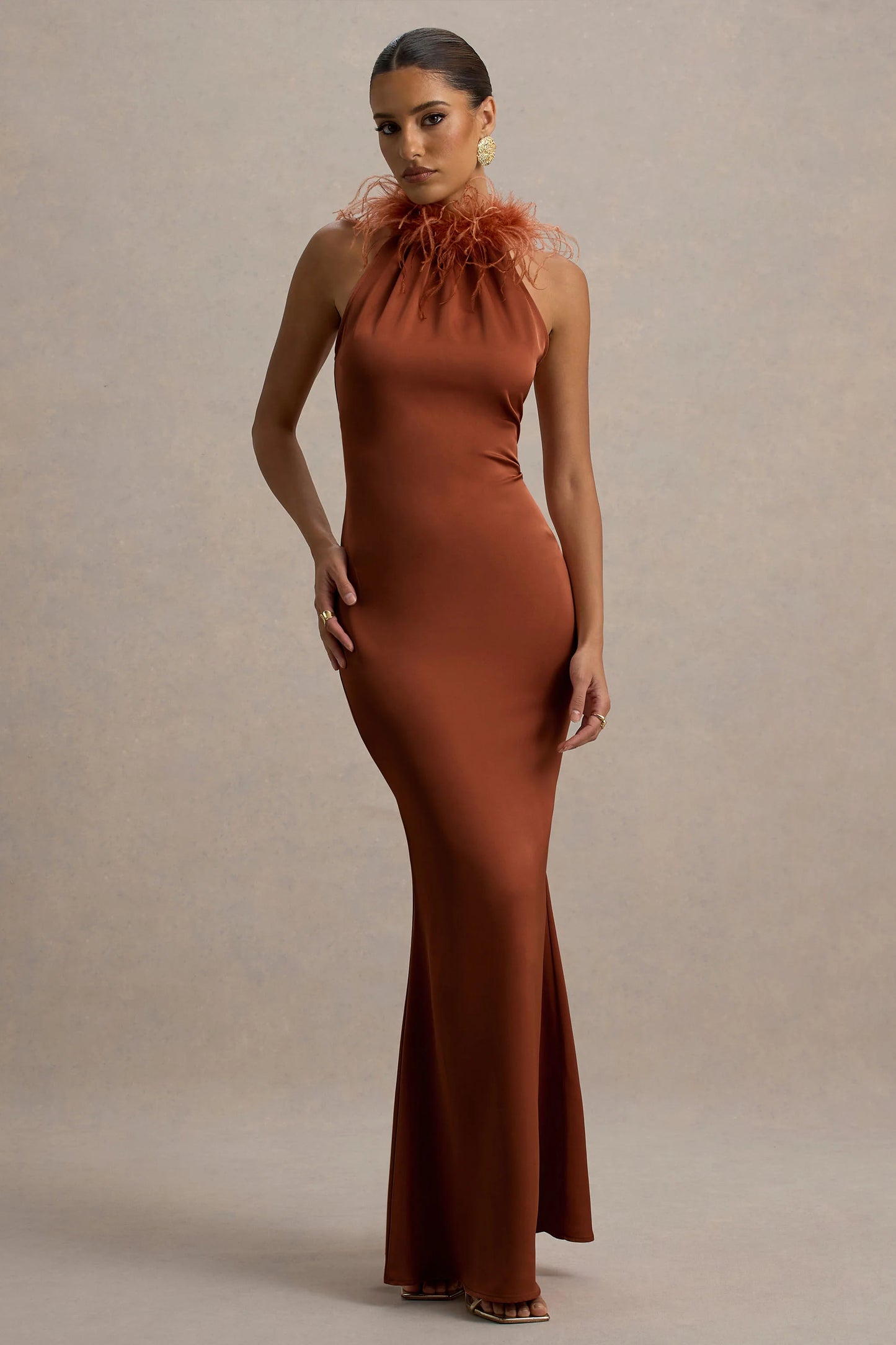 Bianca Rust Satin Feather-Trim Maxi Dress