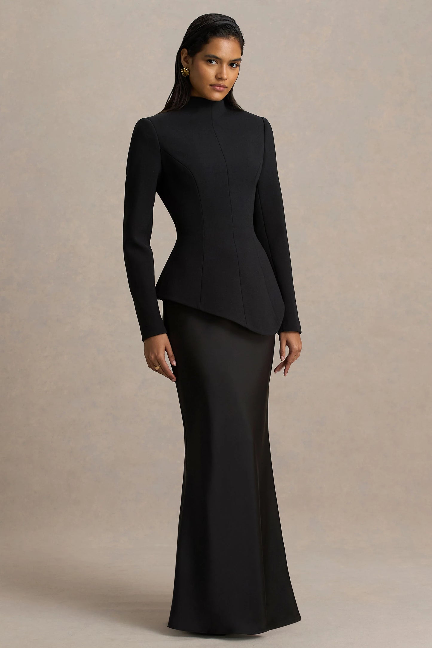 Pepita Black High-Neck Tailored Maxi Dress With Drop-Waist And Satin Skirt