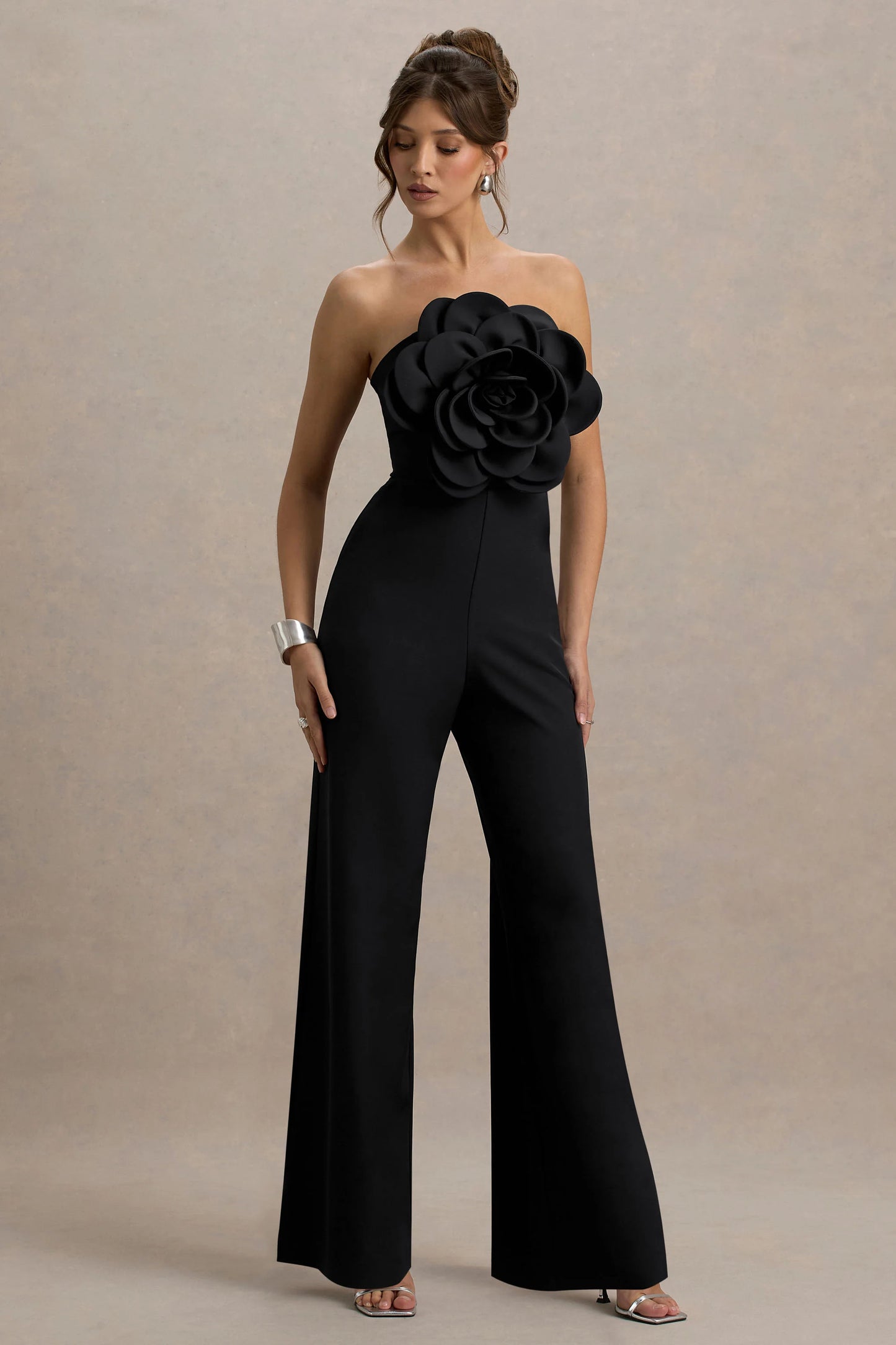 Opia Black Bandeau Wide-Leg Jumpsuit With Large Floral Corsage
