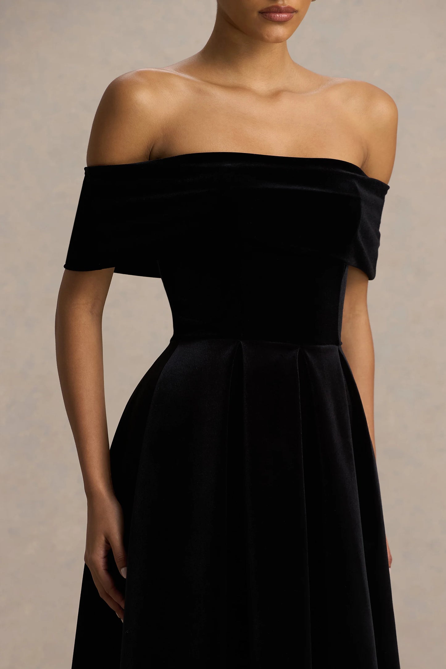 Ablaze Black Velvet Bardot-Neck Midi Dress