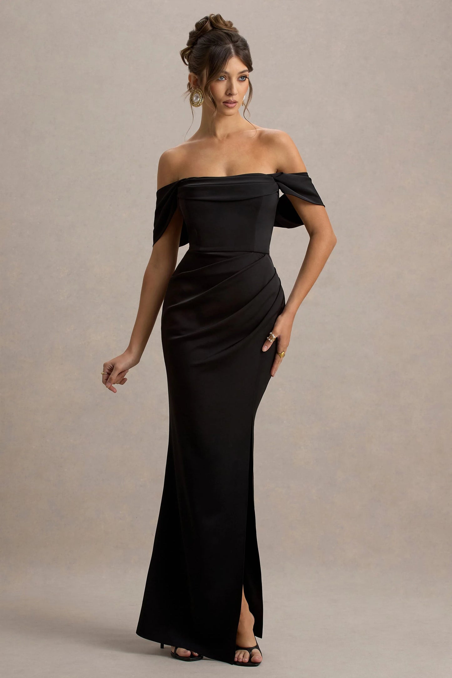 Annie Black Satin Bardot Maxi Dress With Split Wrap Skirt