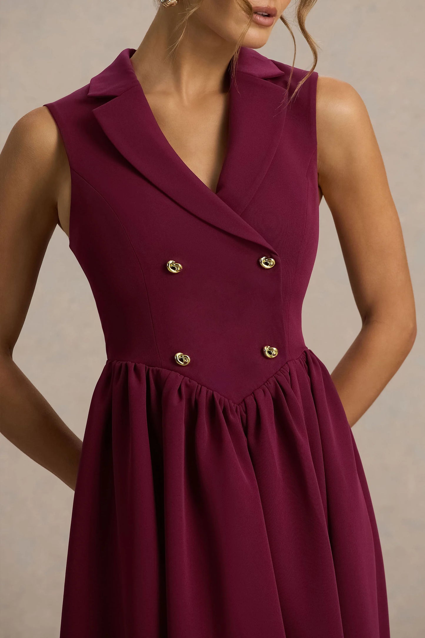 Lisa Burgundy Plunge-Neck Tailored Midi Dress With Button-Detailing