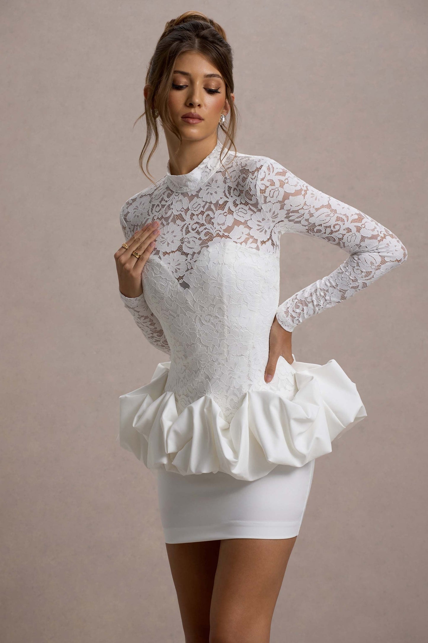Antheia White Lace Long-Sleeve Peplum Mini Dress