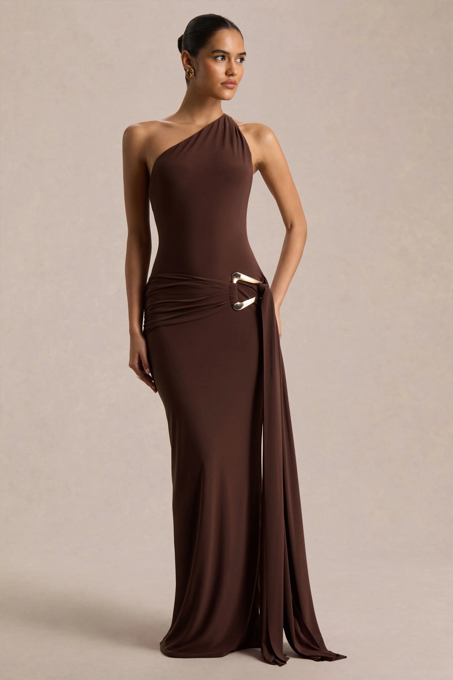Bonnie Brown Asymmetric-Neck Maxi Dress With Open-Back