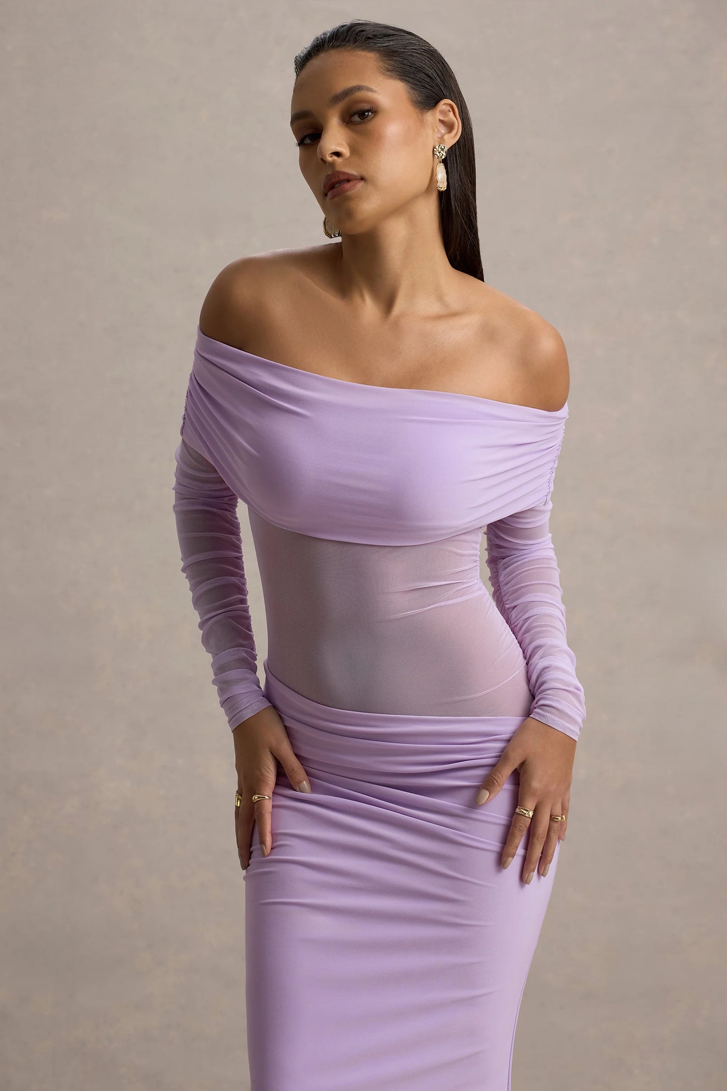 Belamour Lavender Semi-Sheer Bardot Gathered Maxi Dress