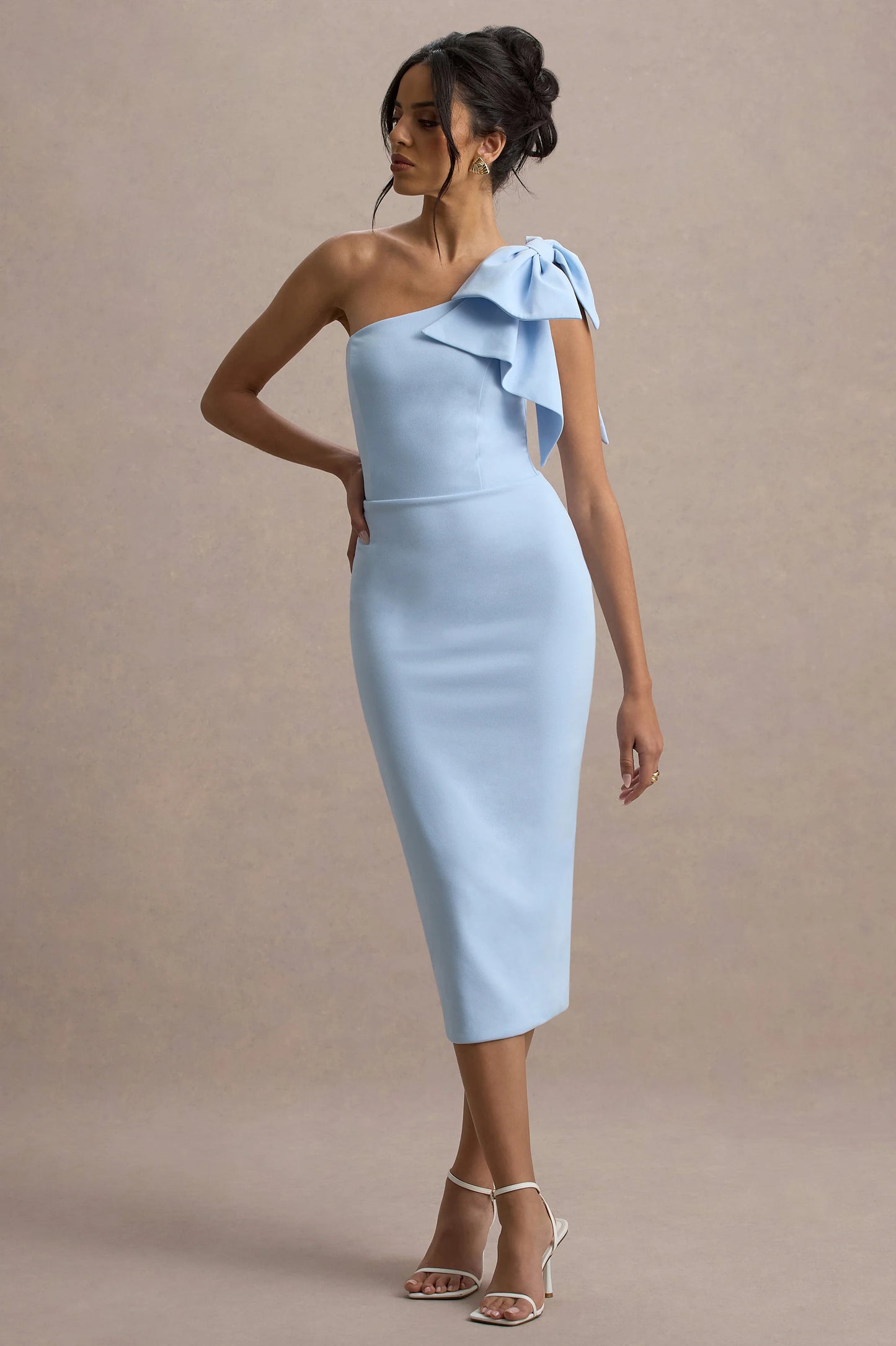 Ambretta Powder Blue One-Shoulder Midi Dress With Bow