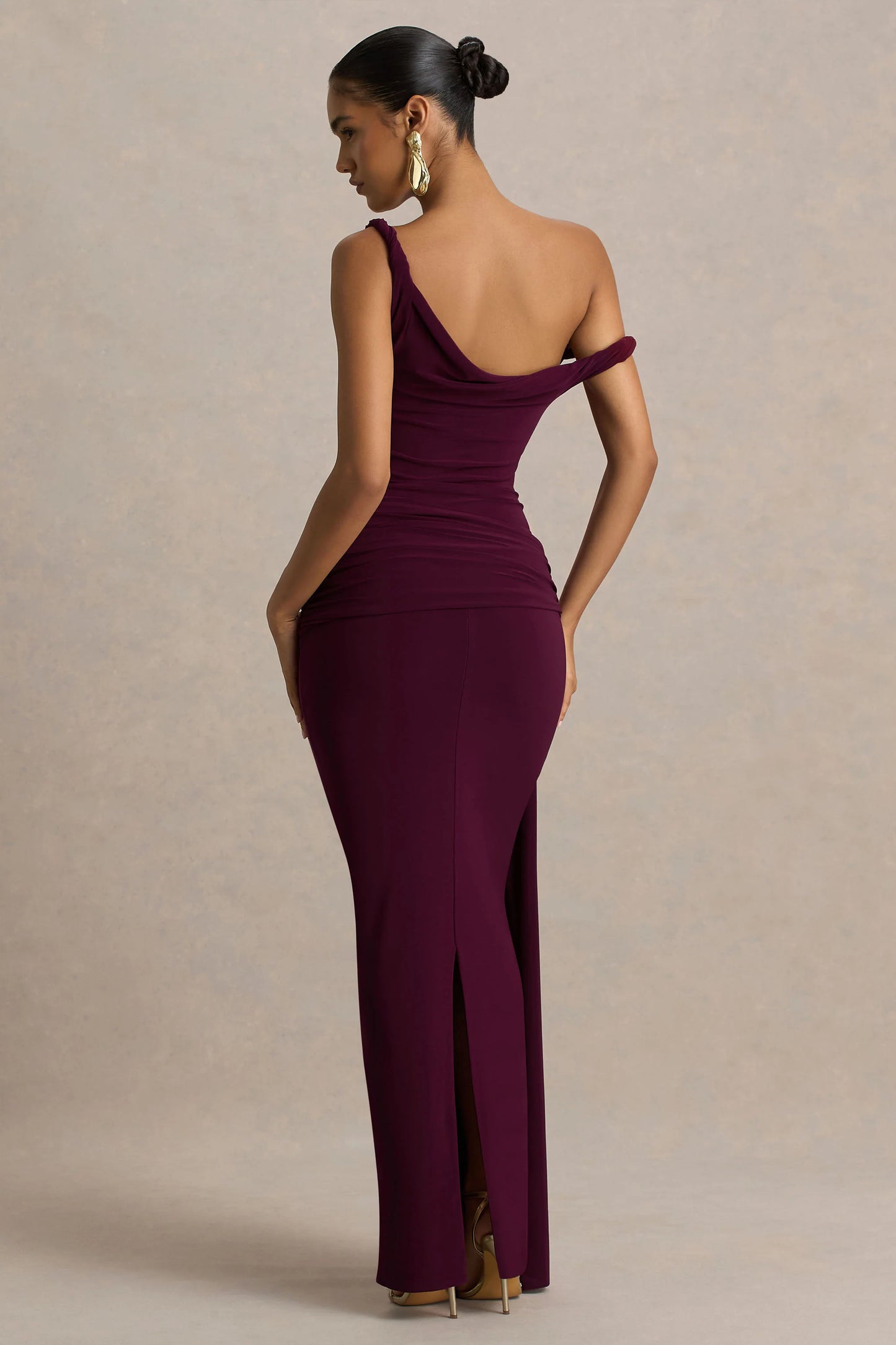 Tulisa Burgundy Asymmetric-Neck Maxi Dress With Twist Sleeves And Ruched Detailing