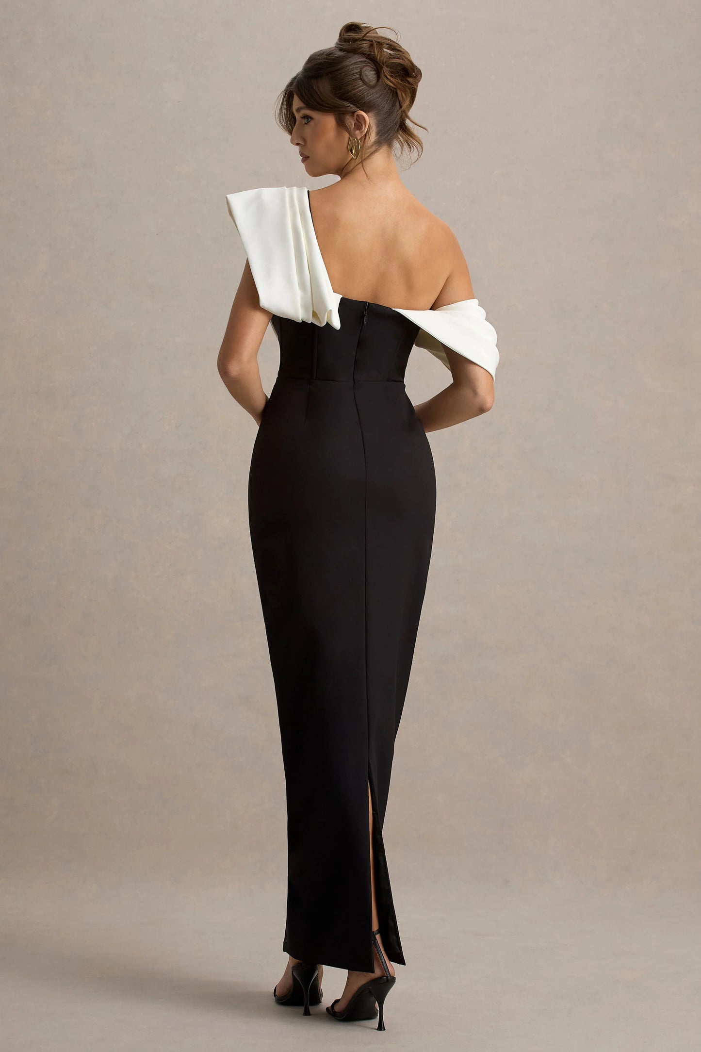 Angelina Black & White Draped Shoulder Maxi Dress