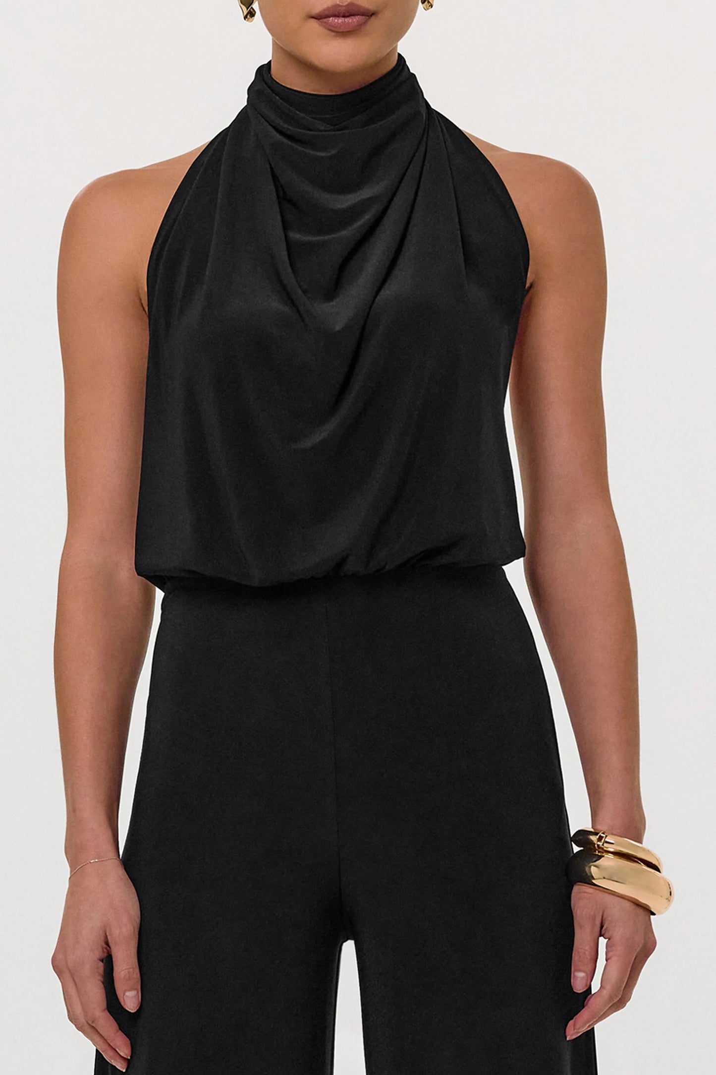 Asha Black High-Neck Jumpsuit With Ruched Detail