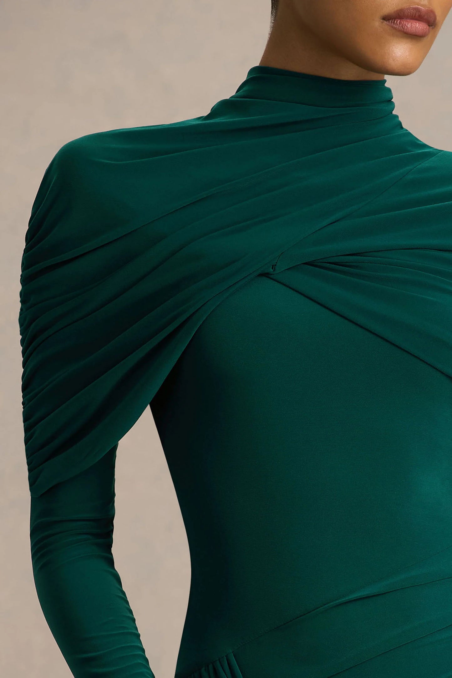 Aneira Bottle Green High-Neck Maxi Dress With Cape Sleeves