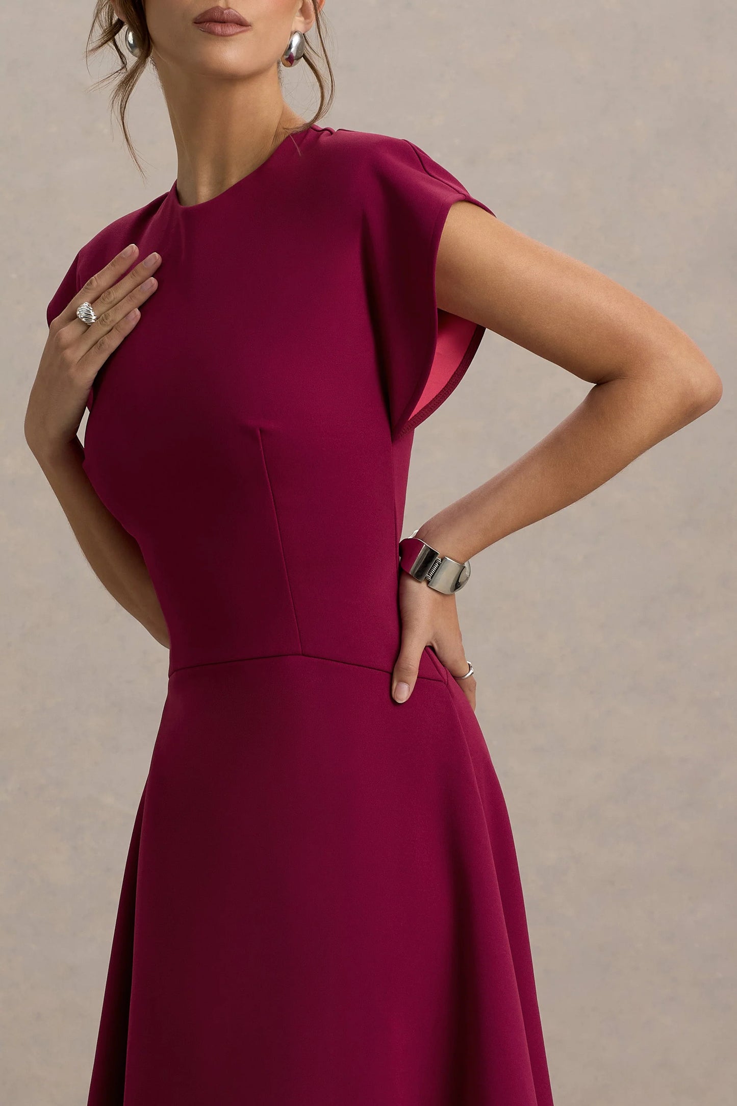 Linda Dark Cherry Crew-Neck Cap-Sleeve Midi Dress