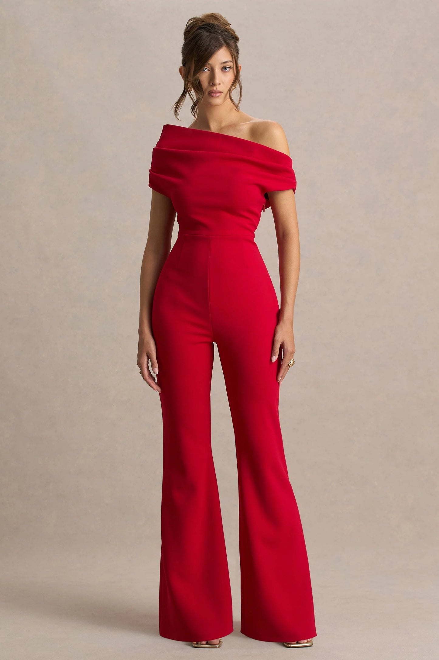 Alexandra Red Asymmetric-Neck Draped Jumpsuit