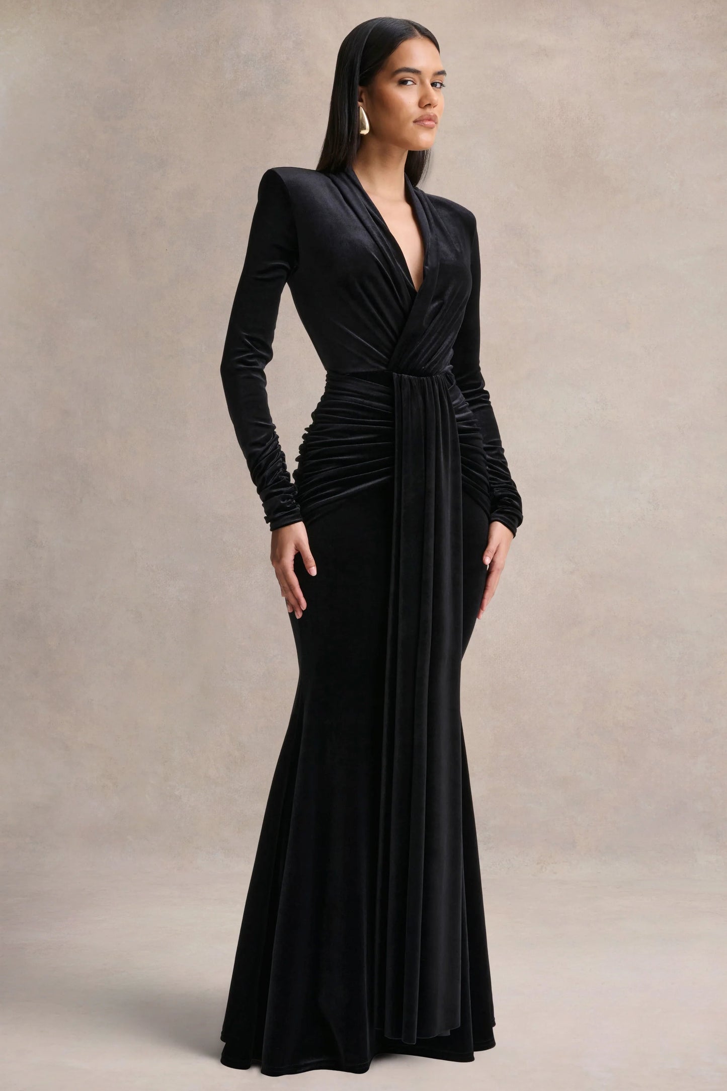 Halima Black Velvet Plunge-Neck Maxi Dress With Gathered Detailing